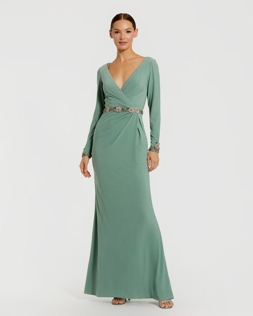 Green Jersey Long Sleeve V Neck Gown With Beaded Belt Ieena for Mac Duggal