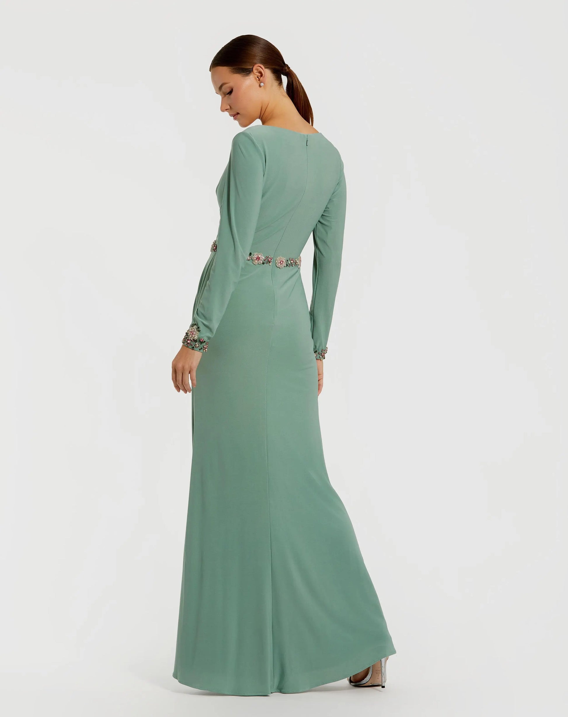 Green Jersey Long Sleeve V Neck Gown With Beaded Belt Ieena for Mac Duggal