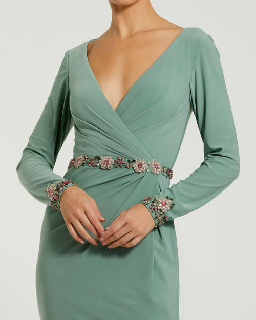 Green Jersey Long Sleeve V Neck Gown With Beaded Belt Ieena for Mac Duggal