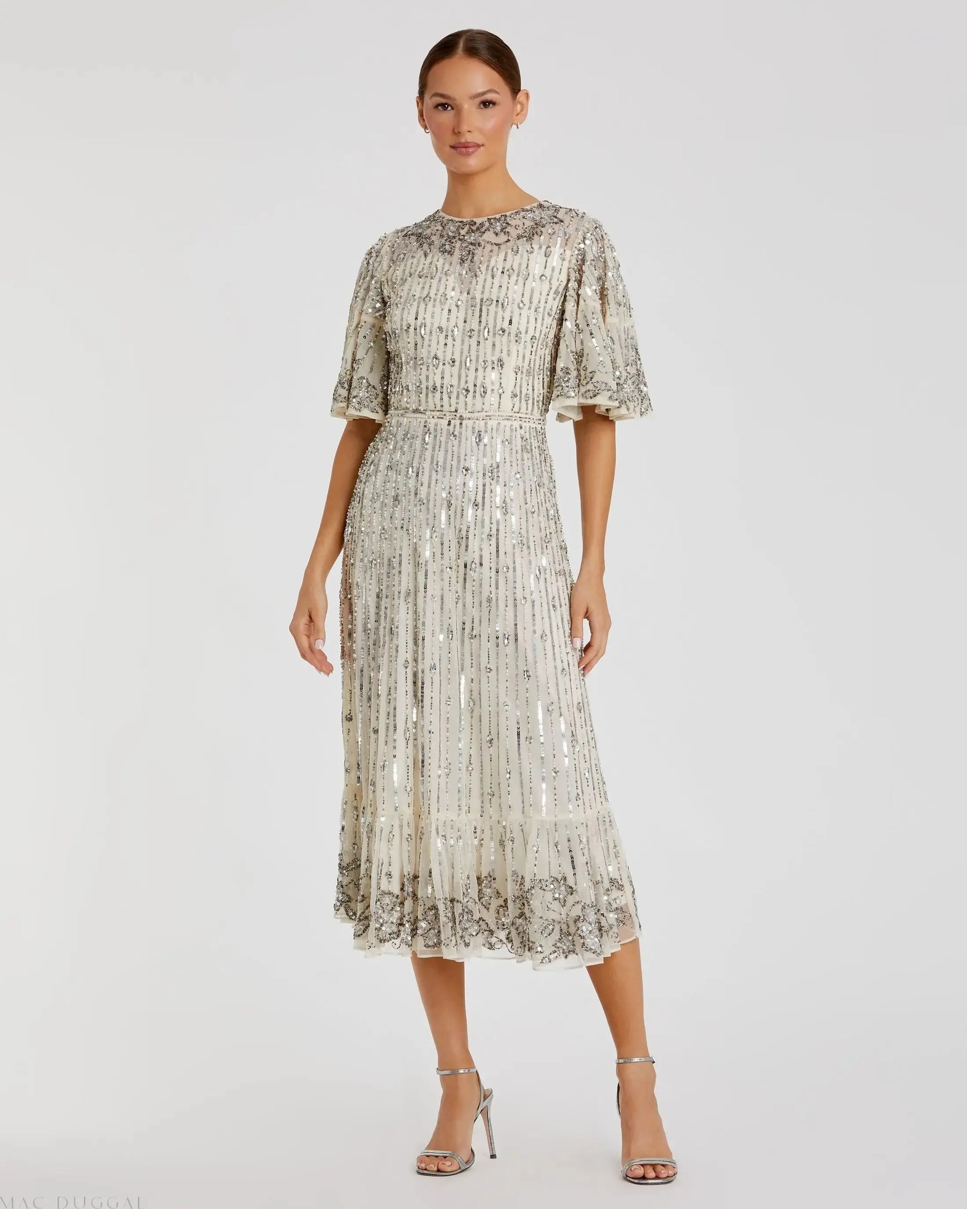 Silver Flounce Sleeve Midi Dress - Mac Duggal Silver Flounce Sleeve Midi Dress - Mac Duggal