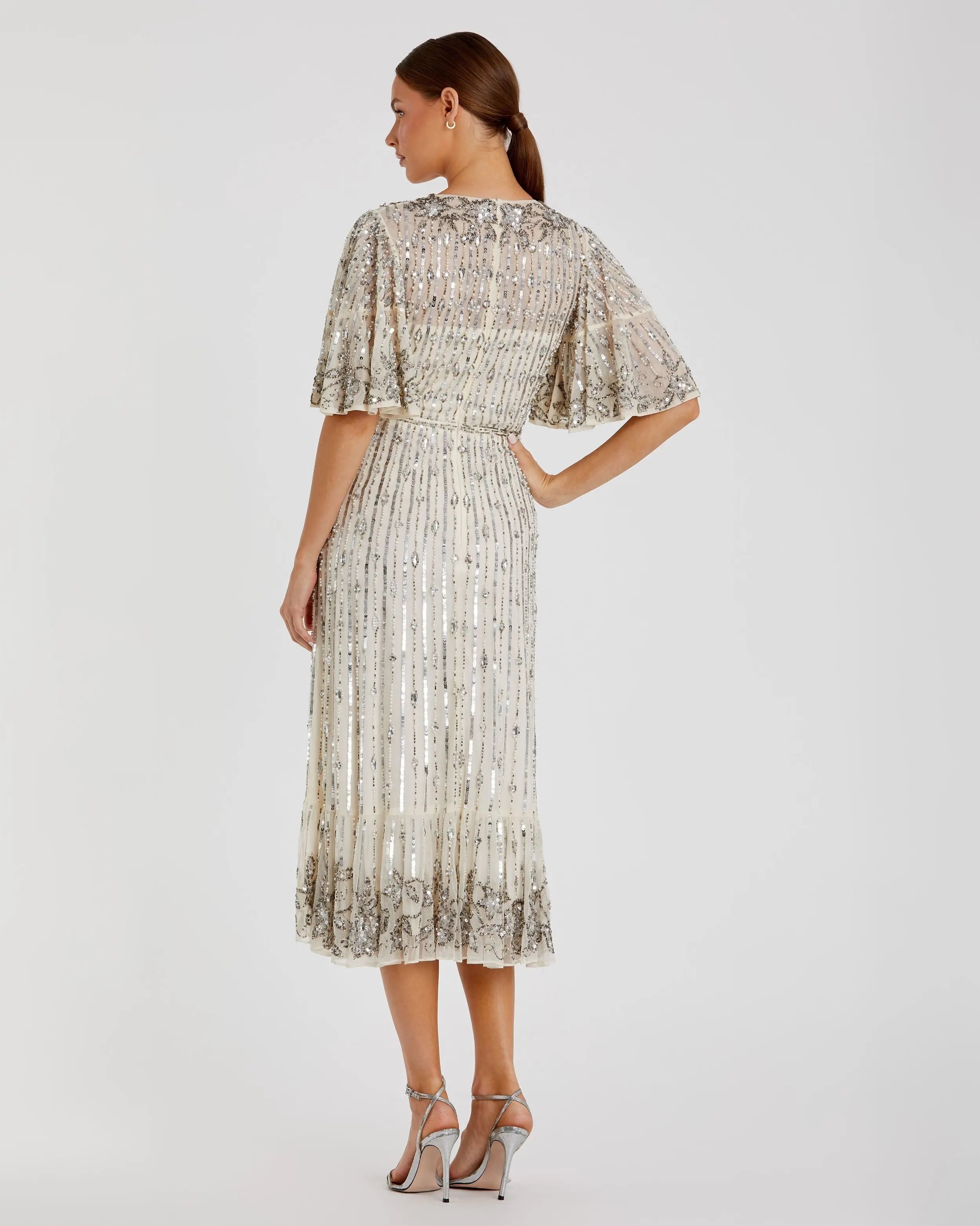 Silver Flounce Sleeve Midi Dress - Mac Duggal
