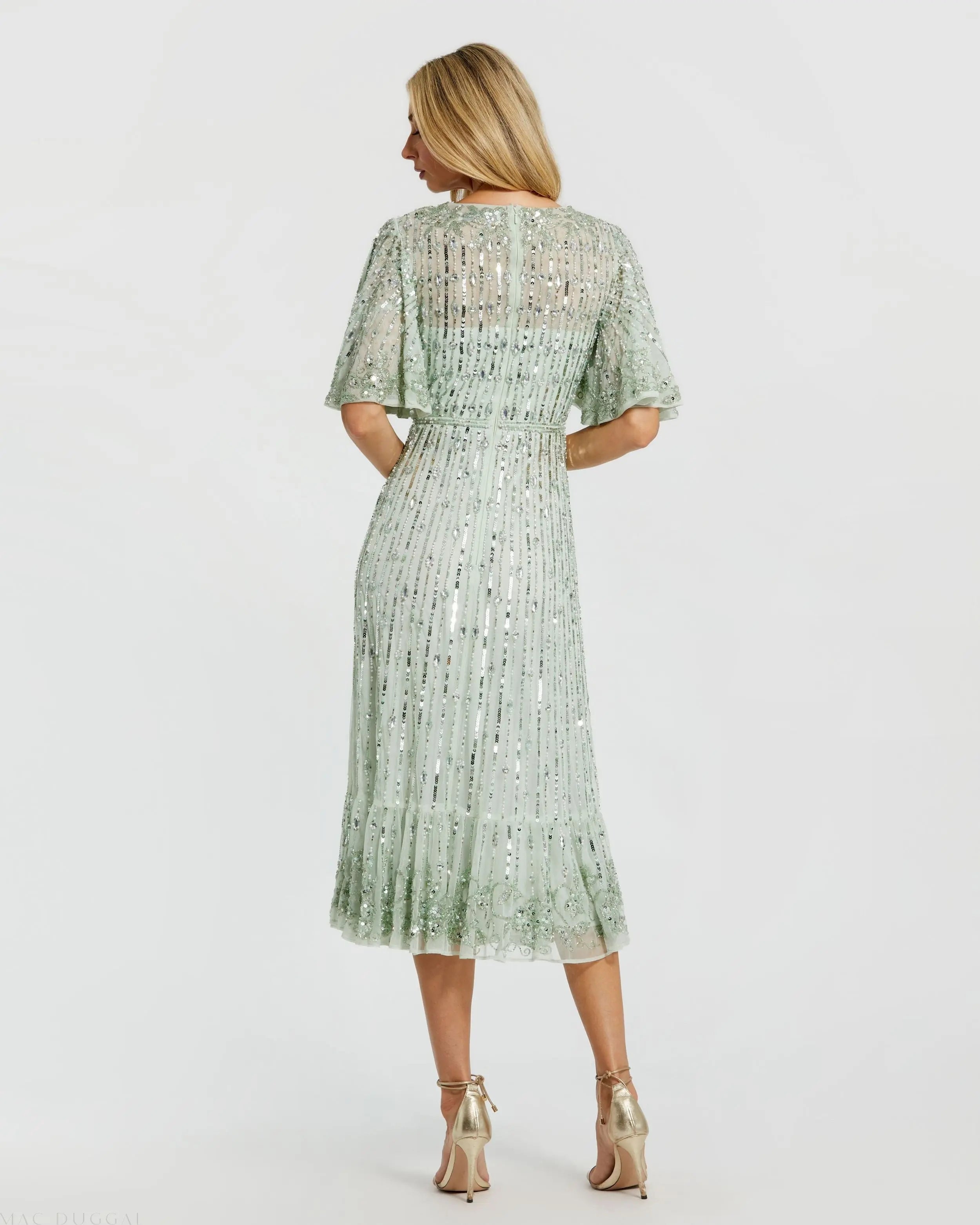 Green Flounce Sleeve Midi Dress - Mac Duggal