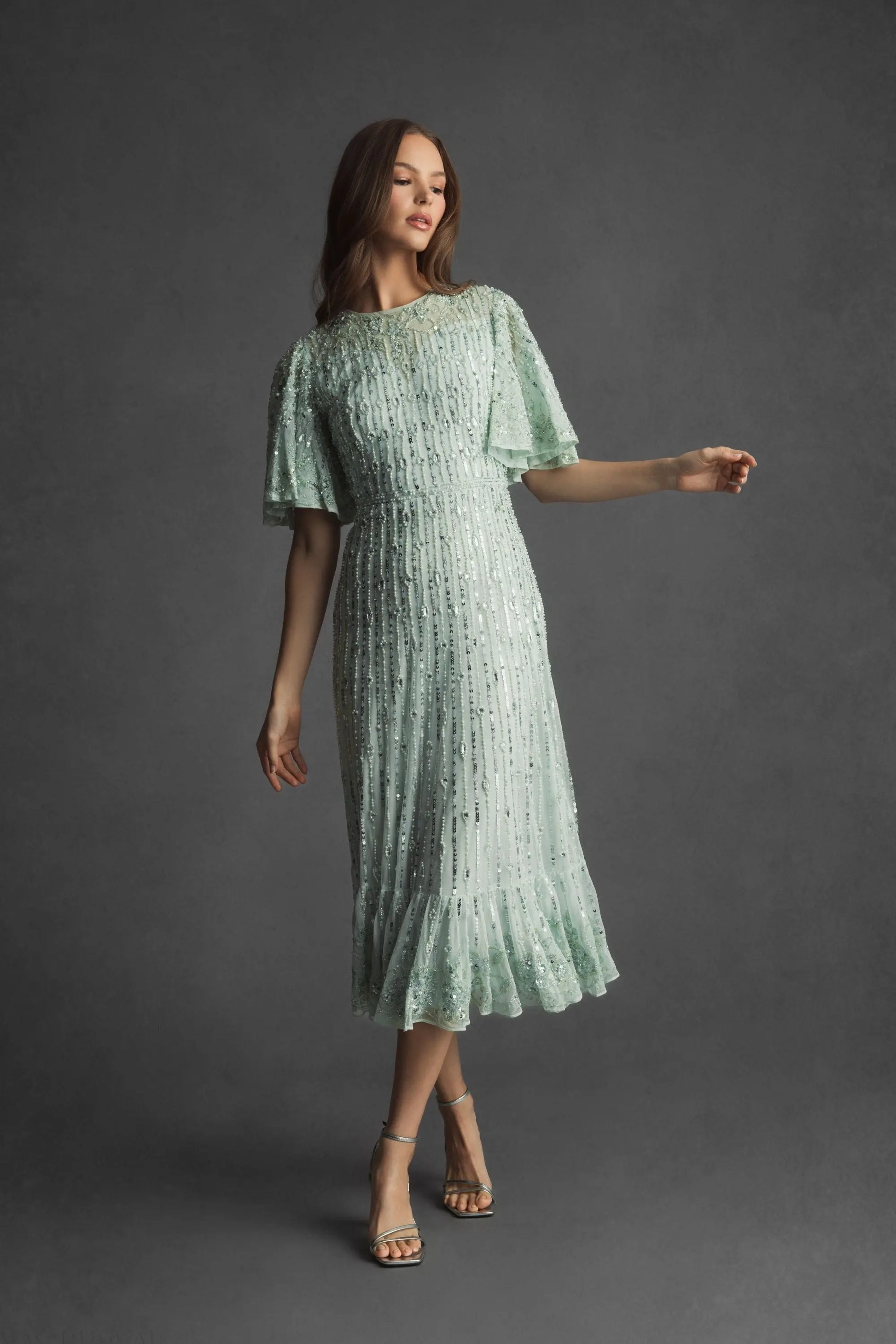 Green Flounce Sleeve Midi Dress - Mac Duggal Green Flounce Sleeve Midi Dress - Mac Duggal