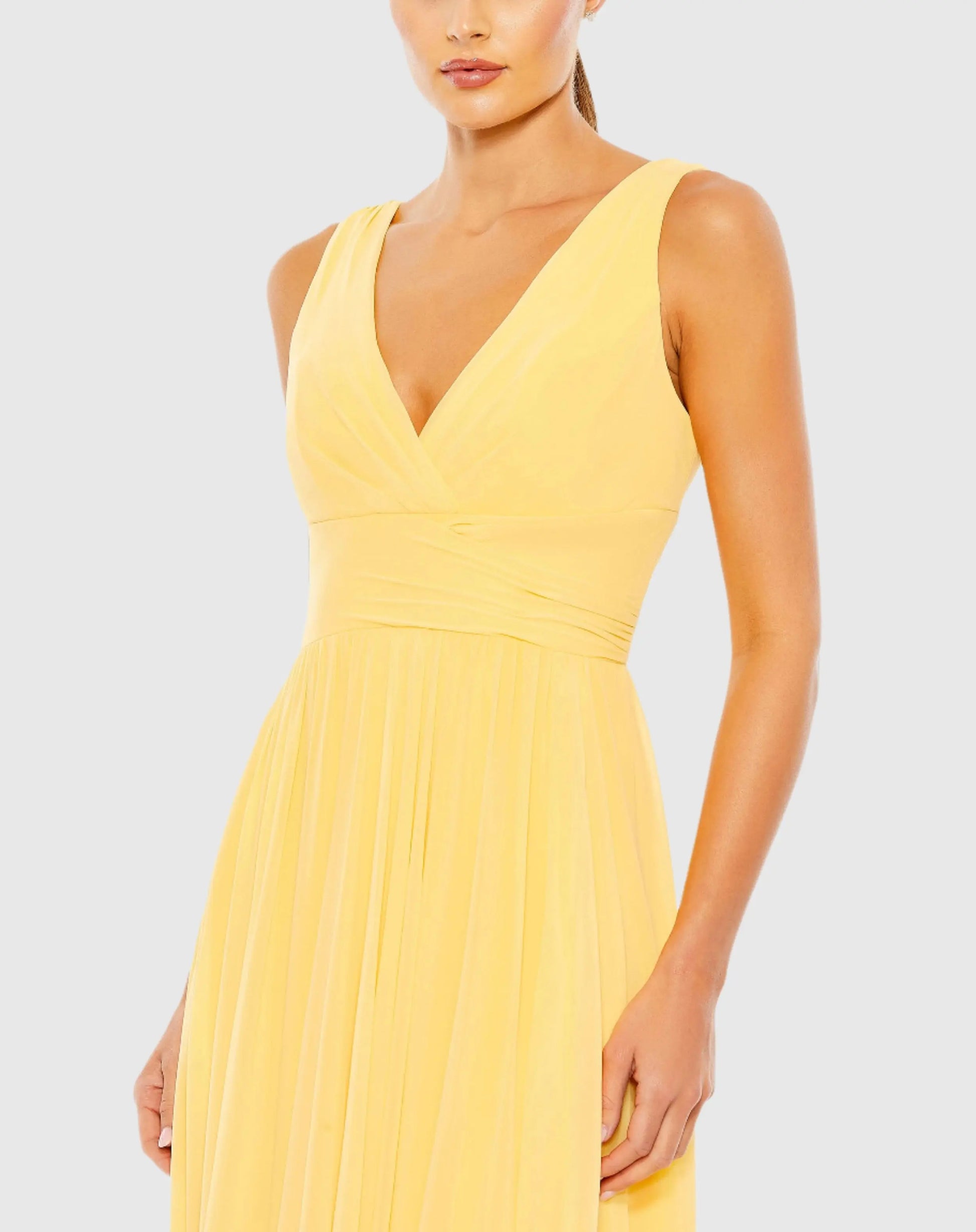 Yellow Chiffon Sleeveless Wrap Over A Line Gown - Mac Duggal