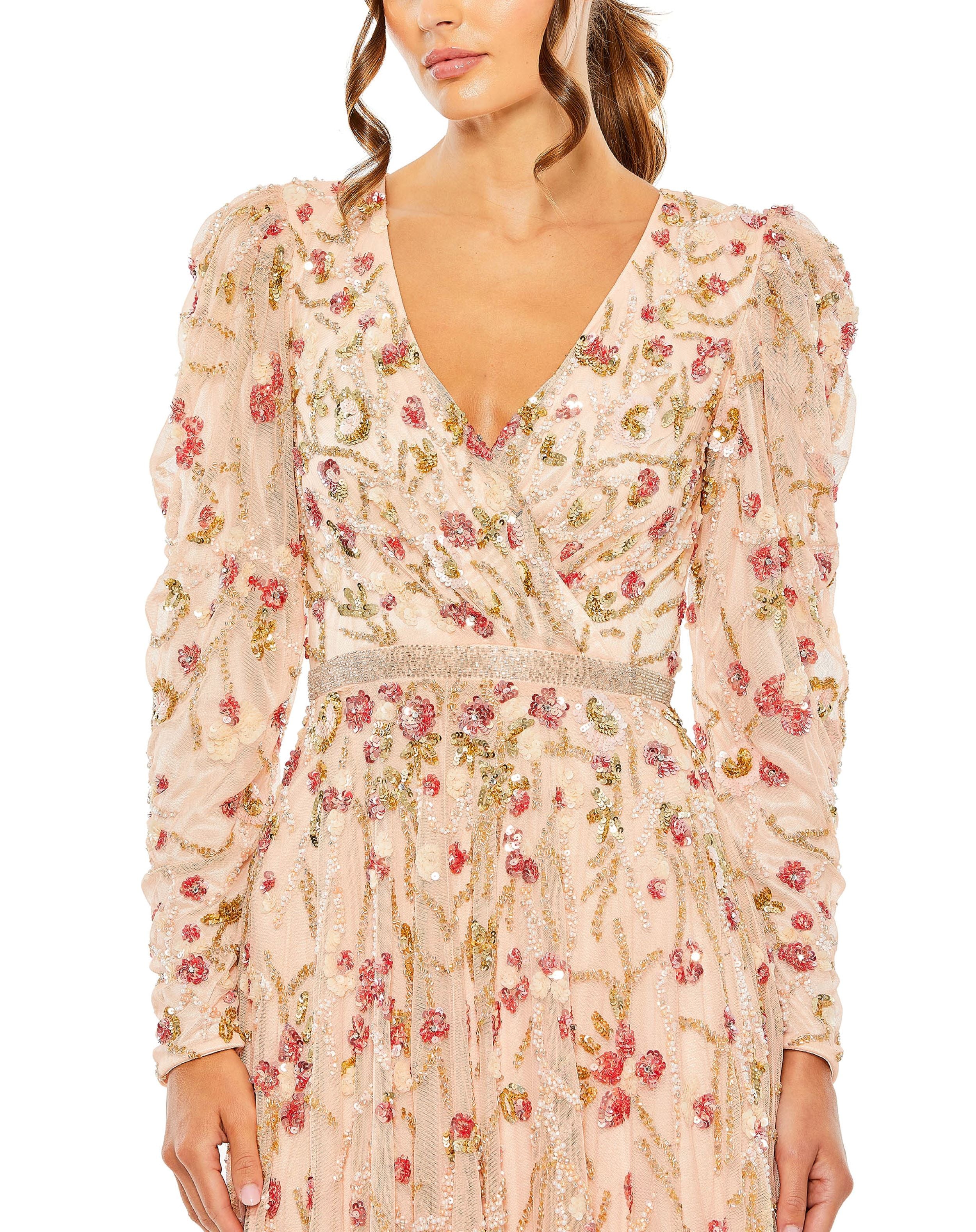 Floral Embellished Wrap Over Puff Sleeve A Line Gown