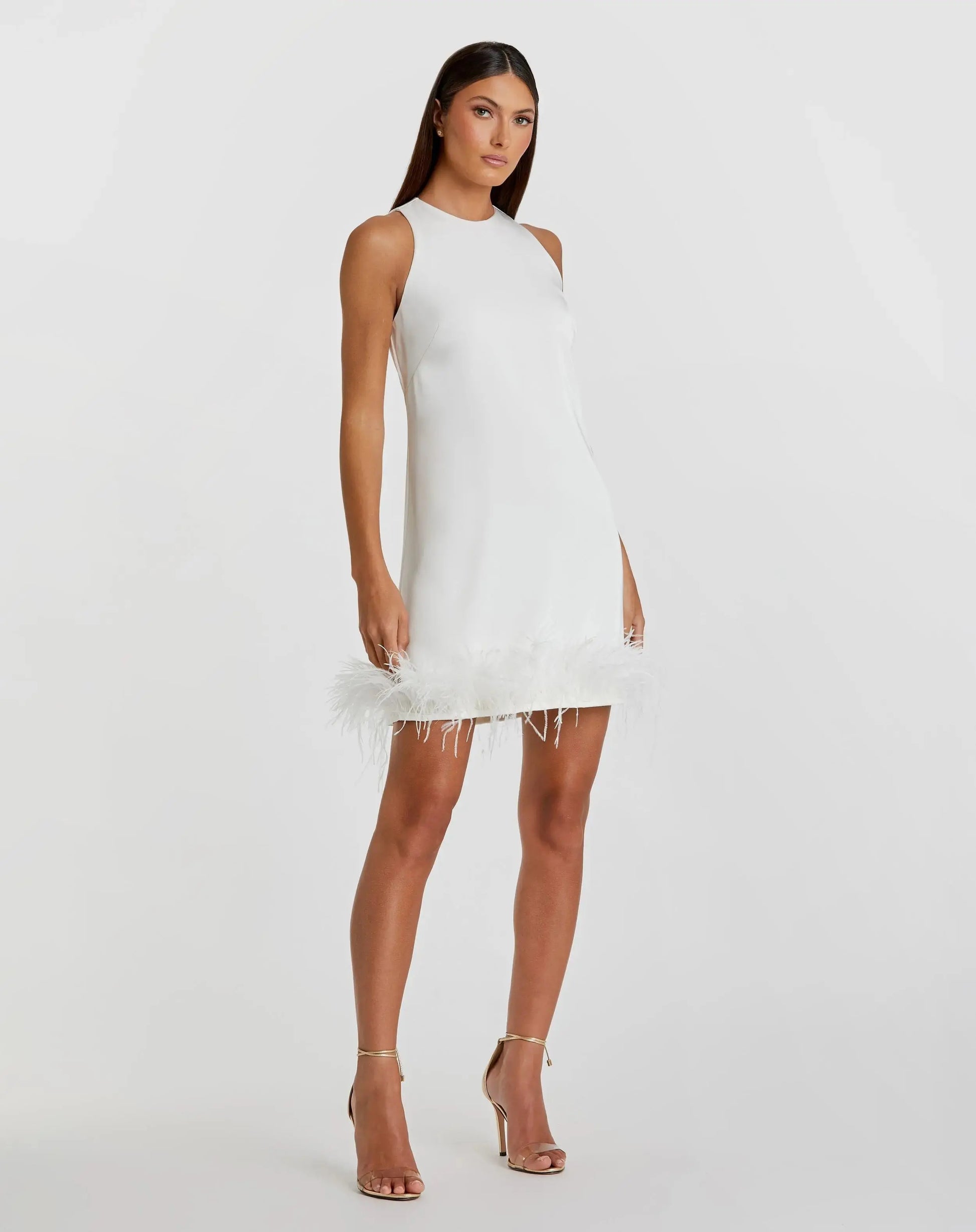 White Feathered Hem High Neck Sleeveless Trapeze Dress White Feathered Hem High Neck Sleeveless Trapeze Dress
