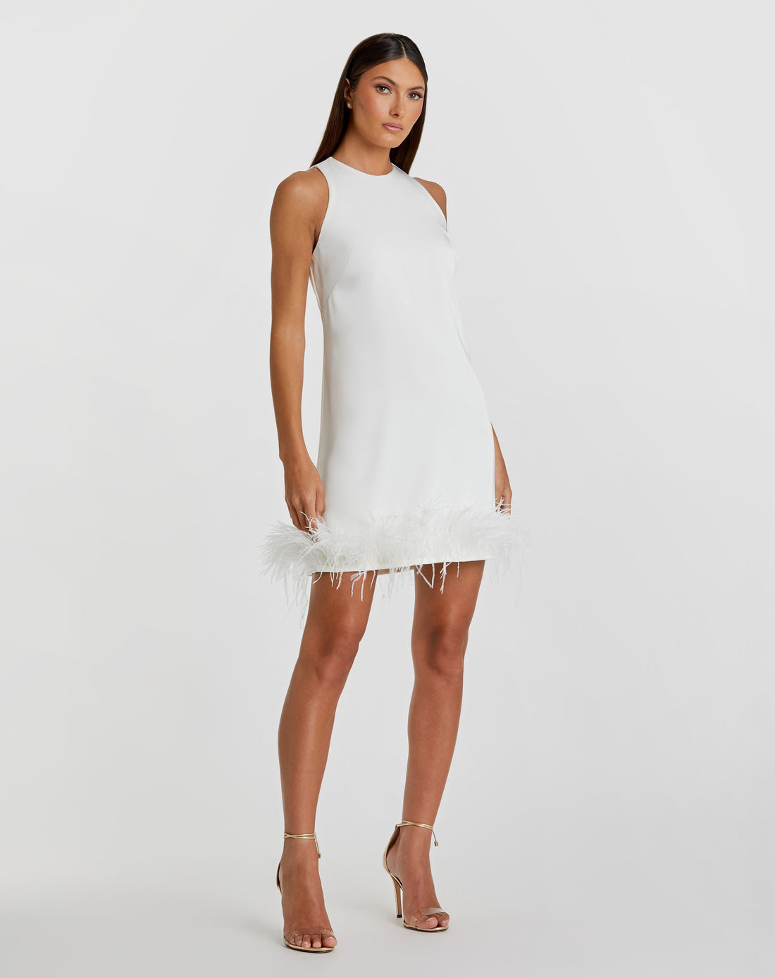 Feathered Hem High Neck Sleeveless A Line Dress