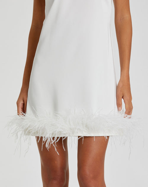 Feathered Hem High Neck Sleeveless A Line Dress