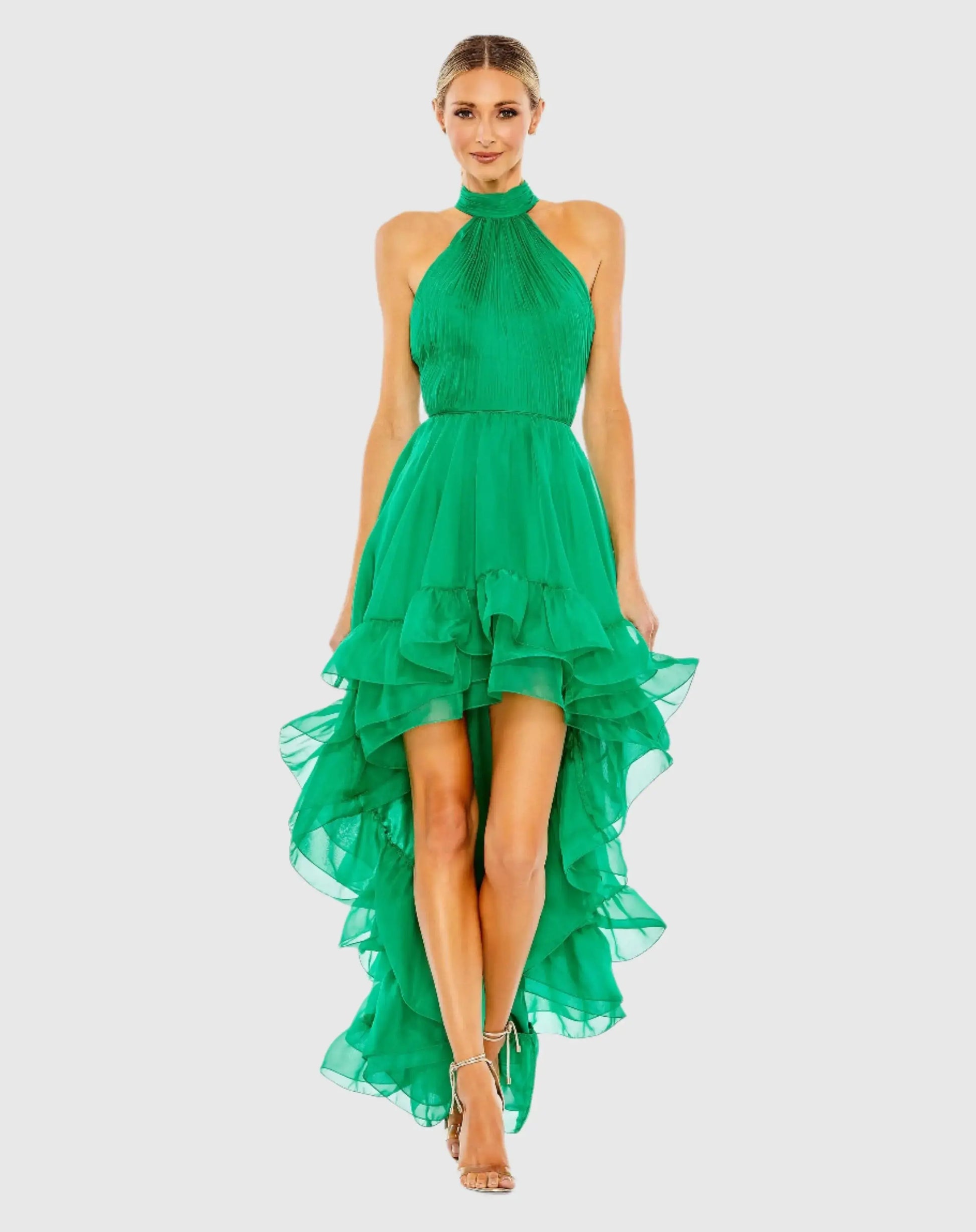 Ruffle Tiered High Low Pleated Halter Neck Gown - Mac Duggal Ruffle Tiered High Low Pleated Halter Neck Gown - Mac Duggal