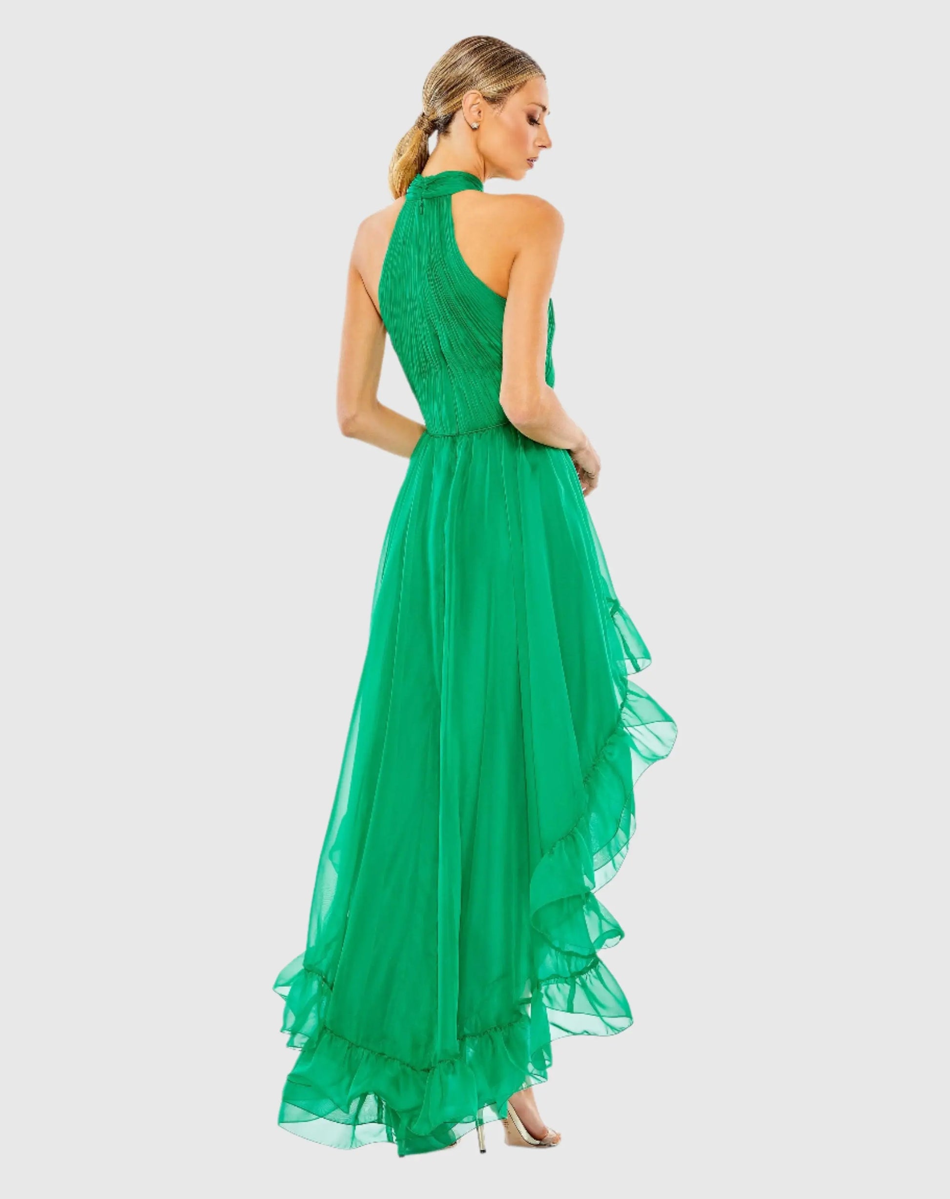 Green Ruffle Tiered High Low Pleated Halter Neck Gown - Mac Duggal