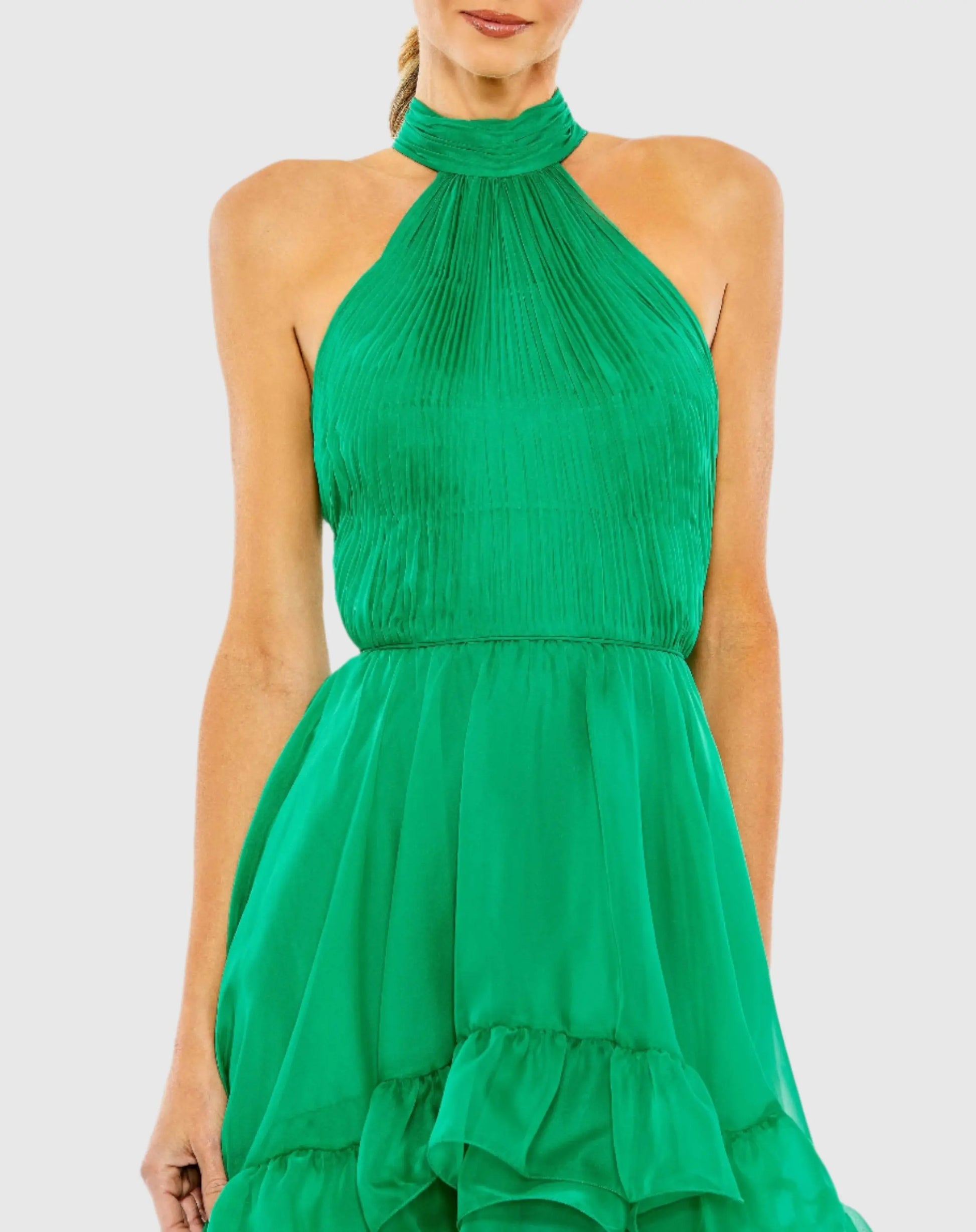 Green Ruffle Tiered High Low Pleated Halter Neck Gown - Mac Duggal
