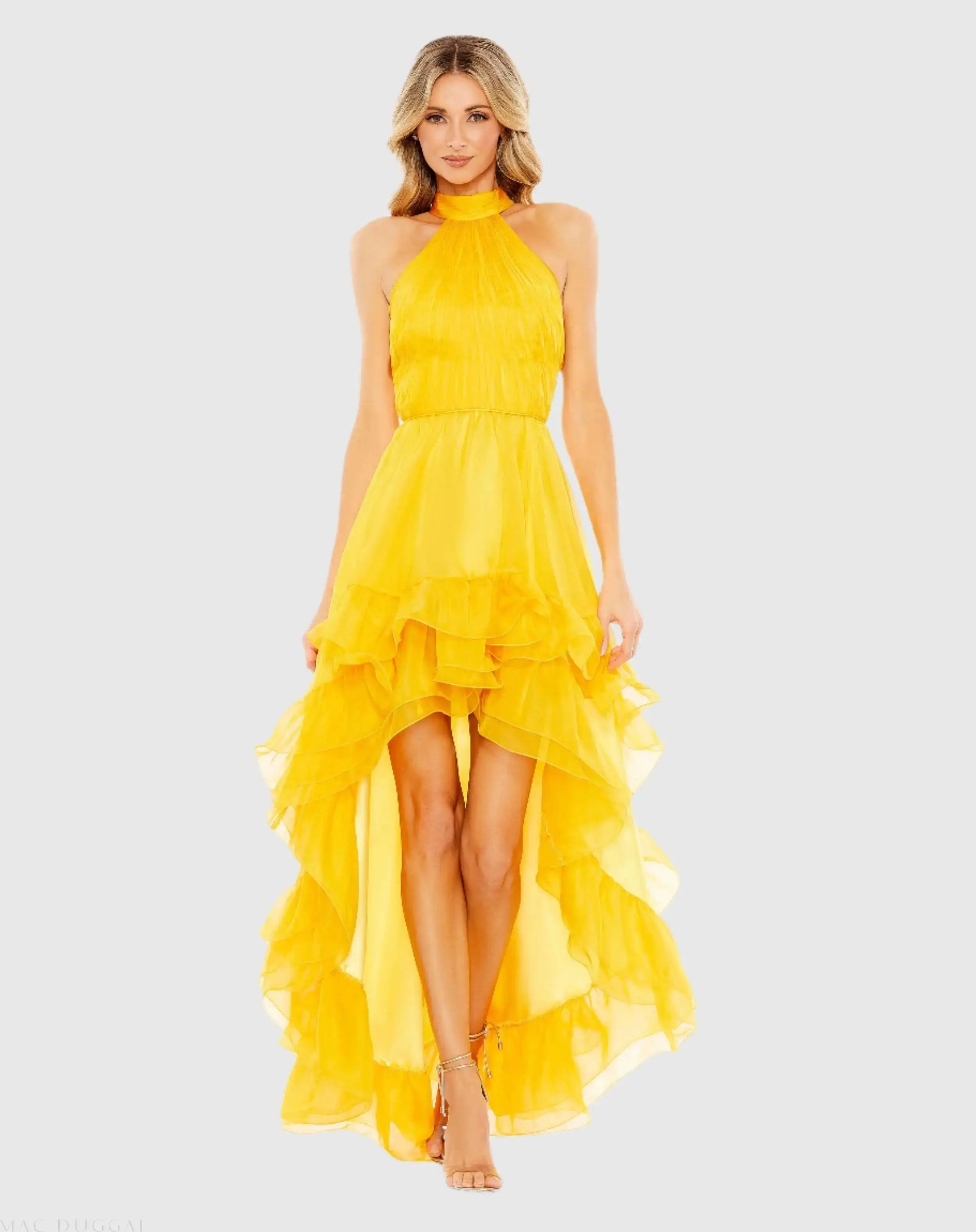 Ruffle Tiered High Low Pleated Halter Neck Gown - Mac Duggal Ruffle Tiered High Low Pleated Halter Neck Gown - Mac Duggal