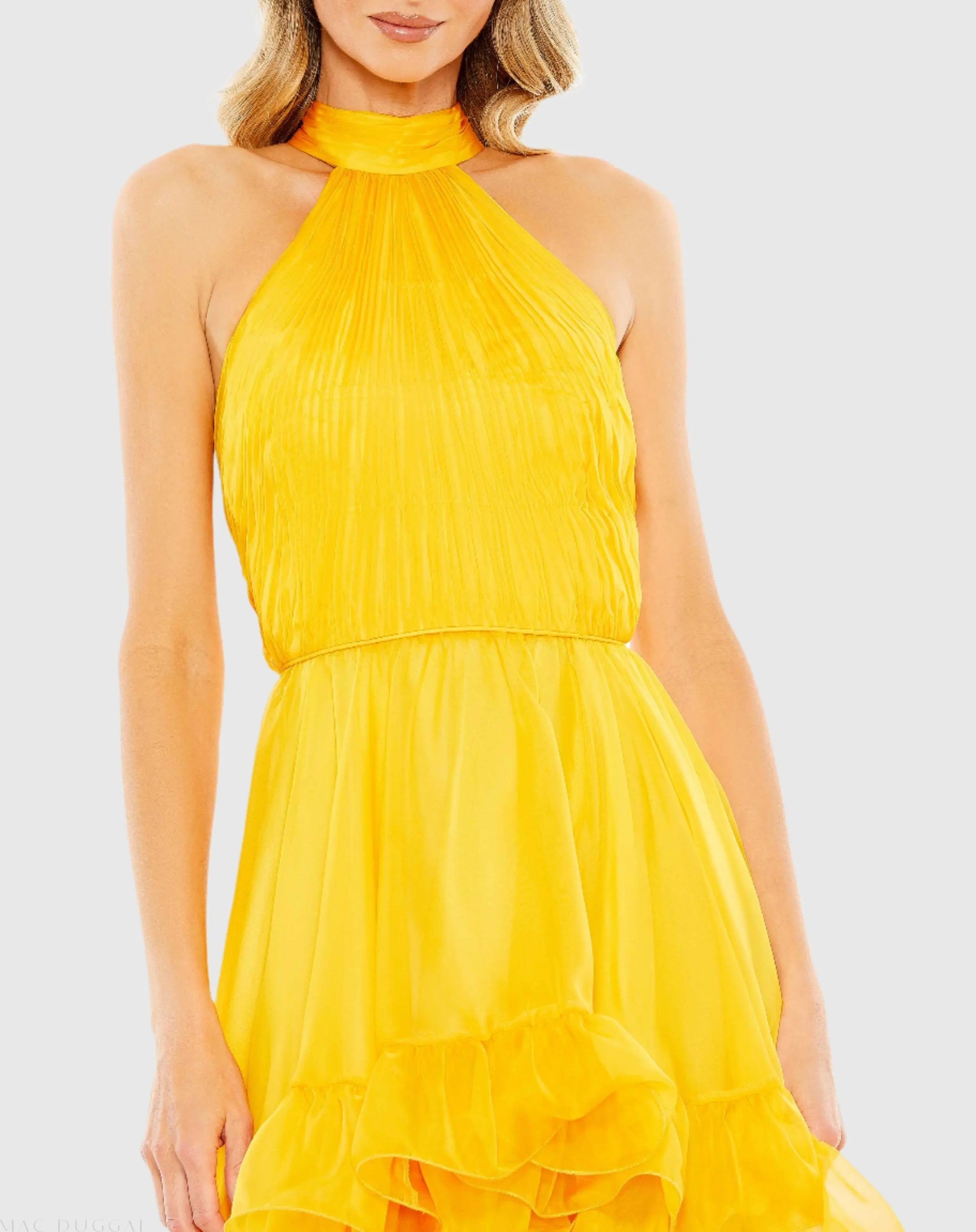 Yellow Ruffle Tiered High Low Pleated Halter Neck Gown - Mac Duggal