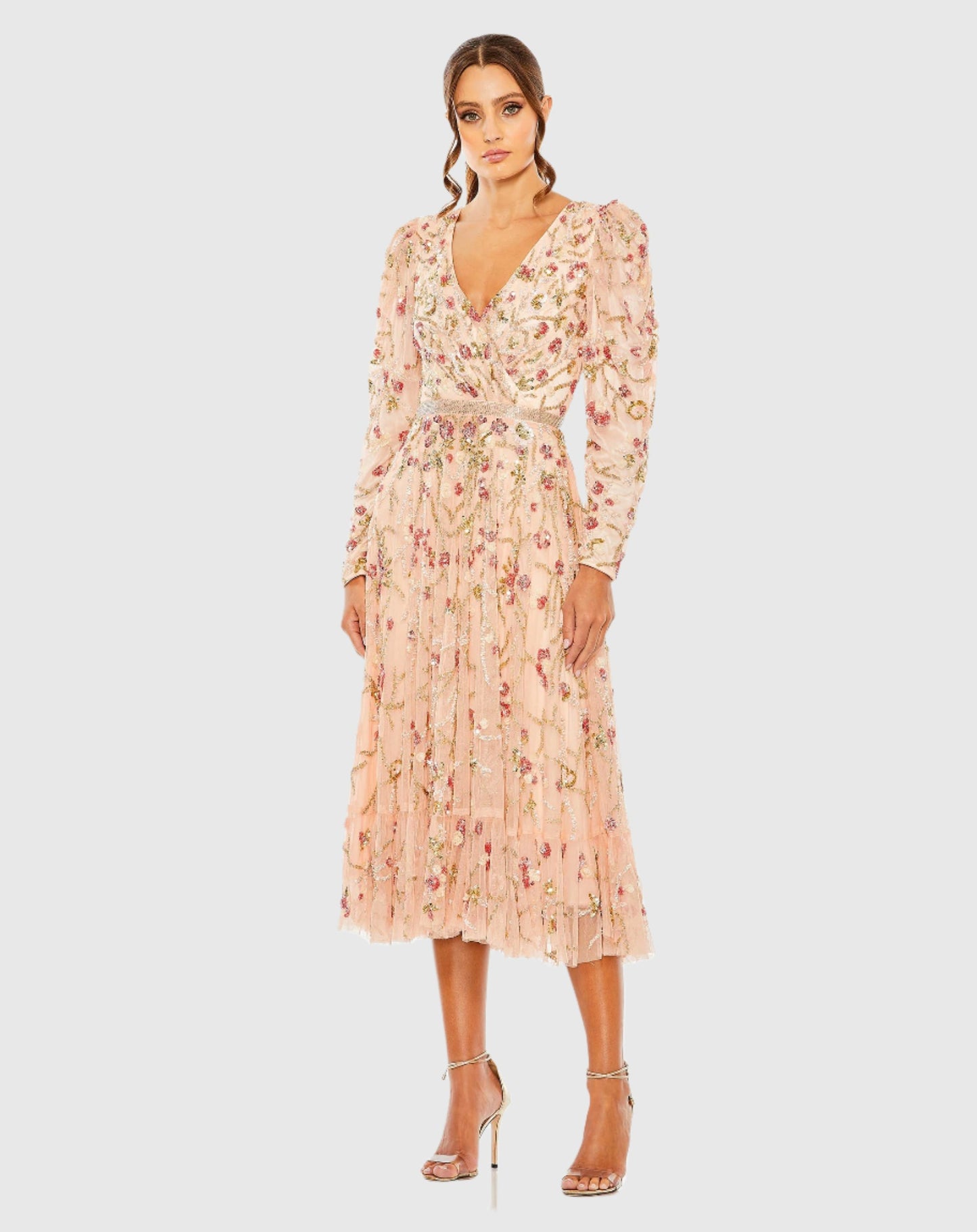 Floral Embellished Wrap Over Puff Sleeve A Line Gown