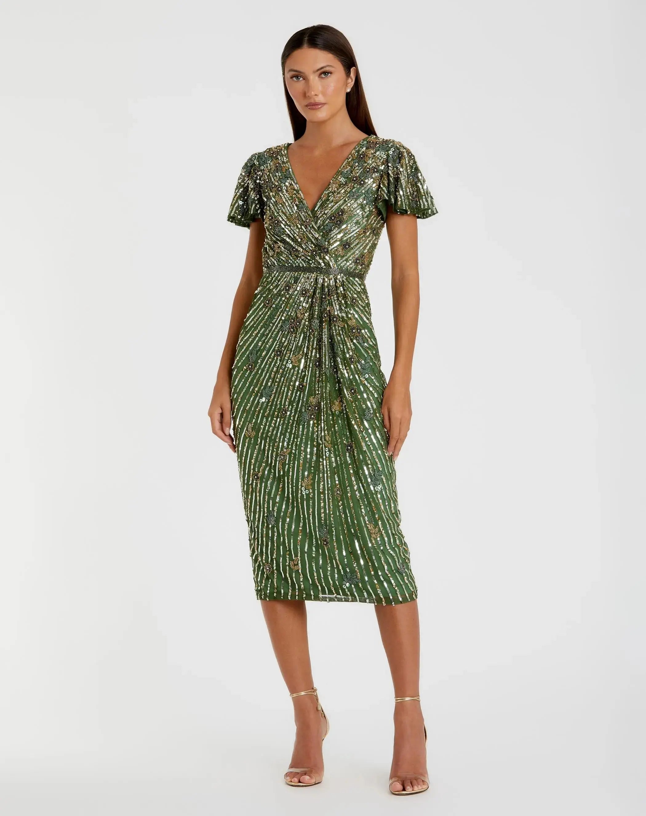 Green Embellished Faux Wrap Flutter Sleeve Dress - Mac Duggal