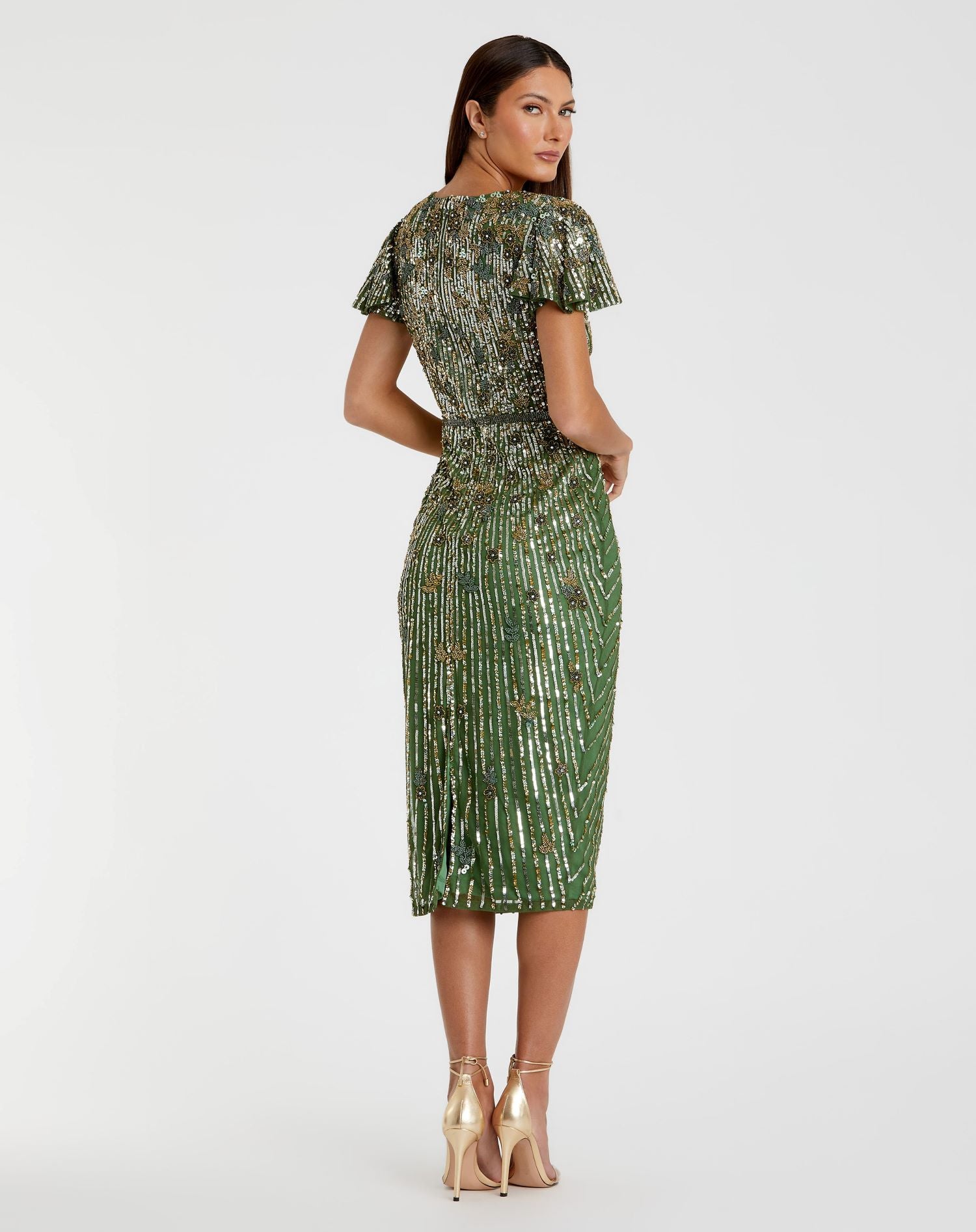 Green Embellished Faux Wrap Flutter Sleeve Dress - Mac Duggal Green Embellished Faux Wrap Flutter Sleeve Dress - Mac Duggal