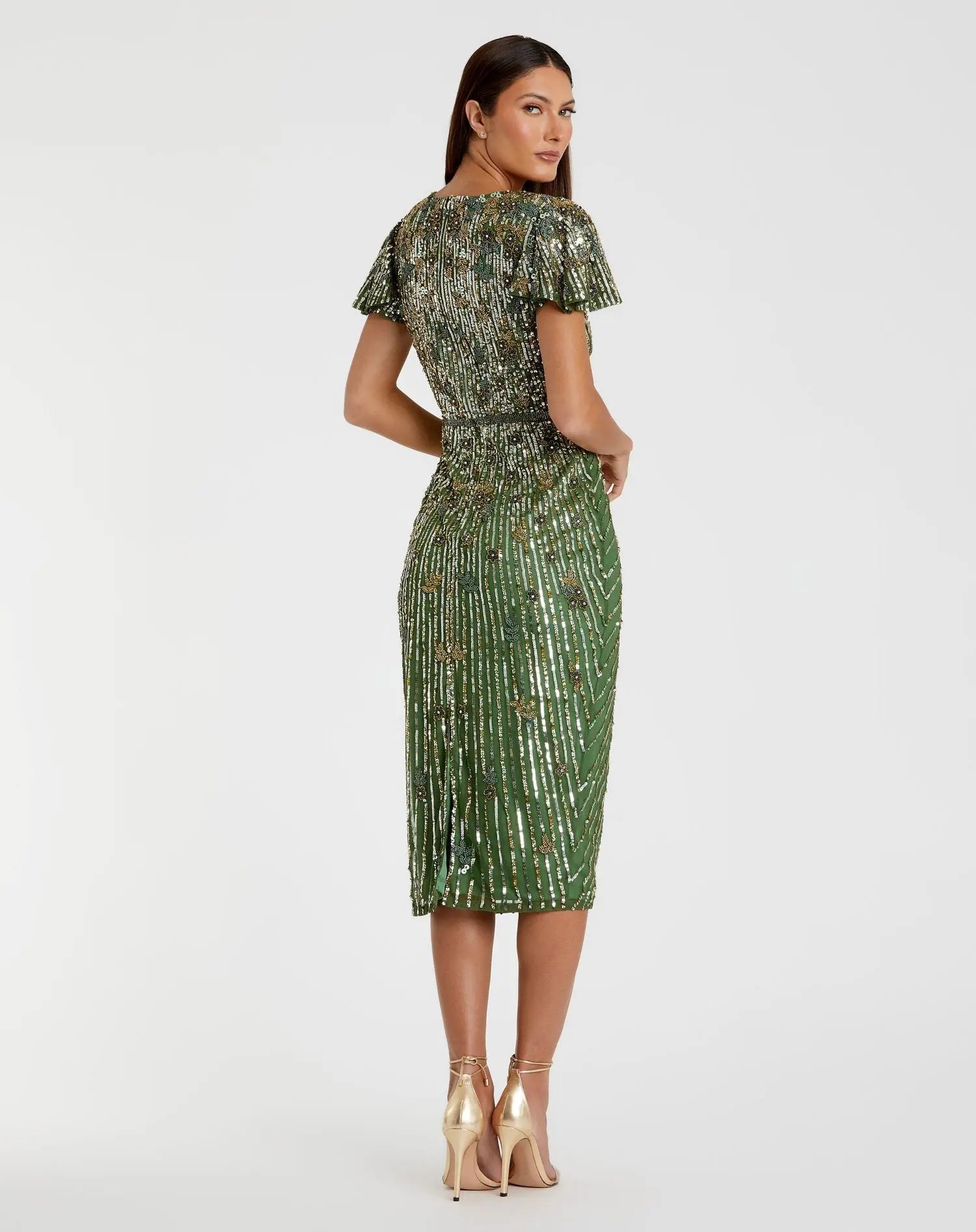 Green Embellished Faux Wrap Flutter Sleeve Dress - Mac Duggal
