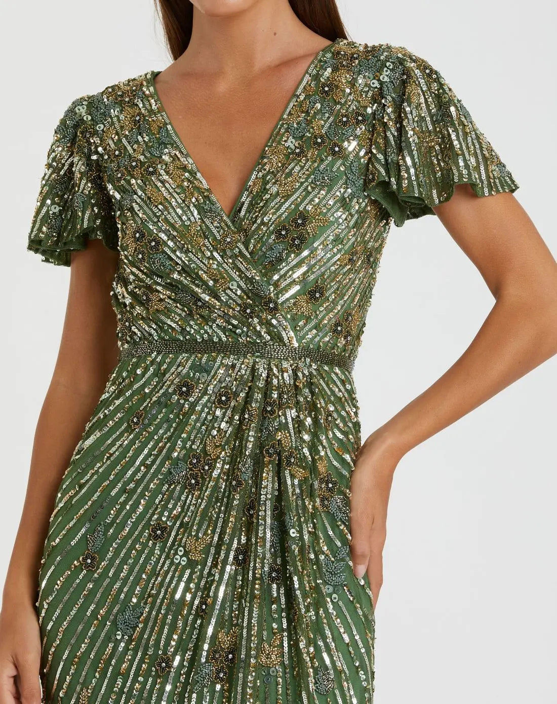 Green Embellished Faux Wrap Flutter Sleeve Dress - Mac Duggal