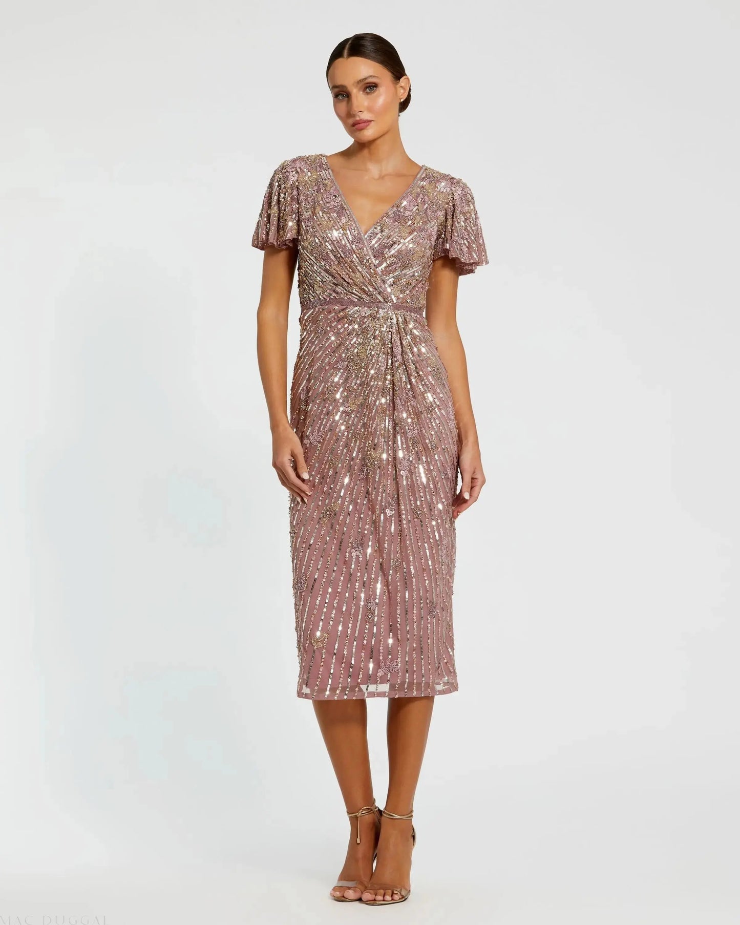 Purple Embellished Faux Wrap Flutter Sleeve Dress | Mac Duggal Purple Embellished Faux Wrap Flutter Sleeve Dress | Mac Duggal