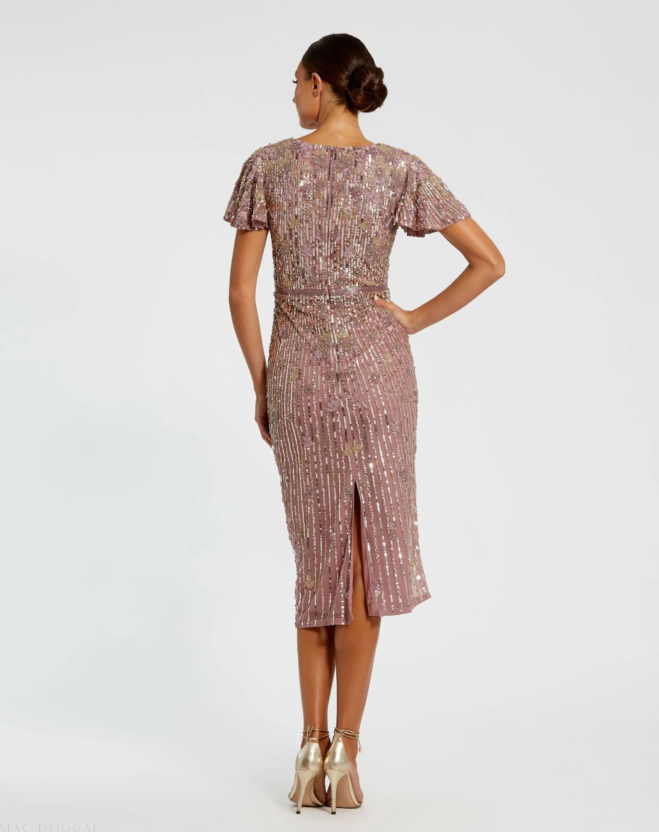 Purple Embellished Faux Wrap Flutter Sleeve Dress - Mac Duggal