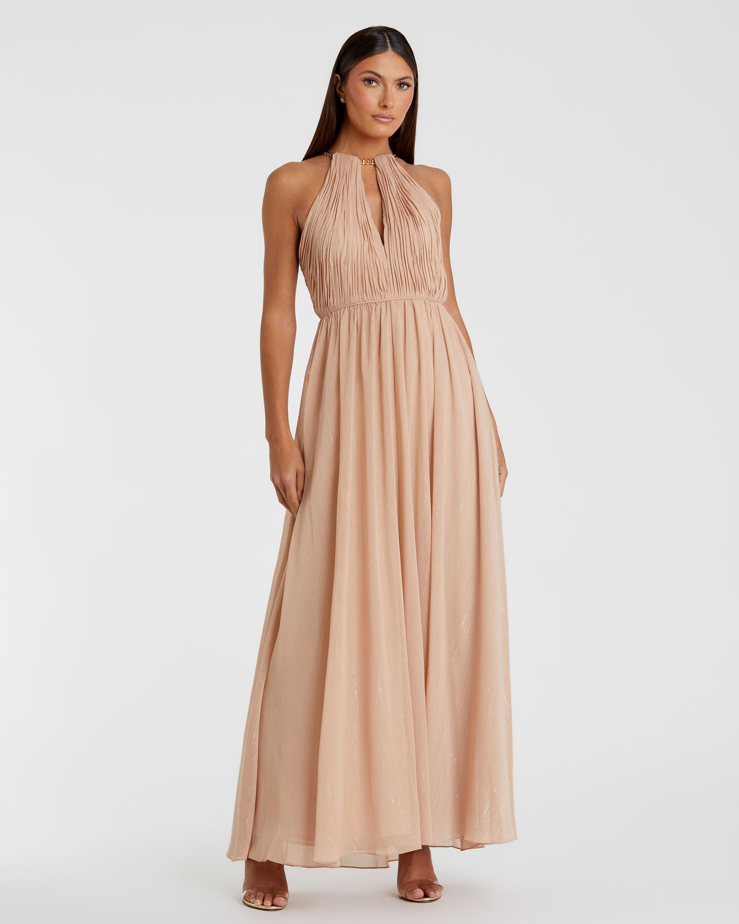 Chain Trim Keyhole Halter Neck A Line Gown