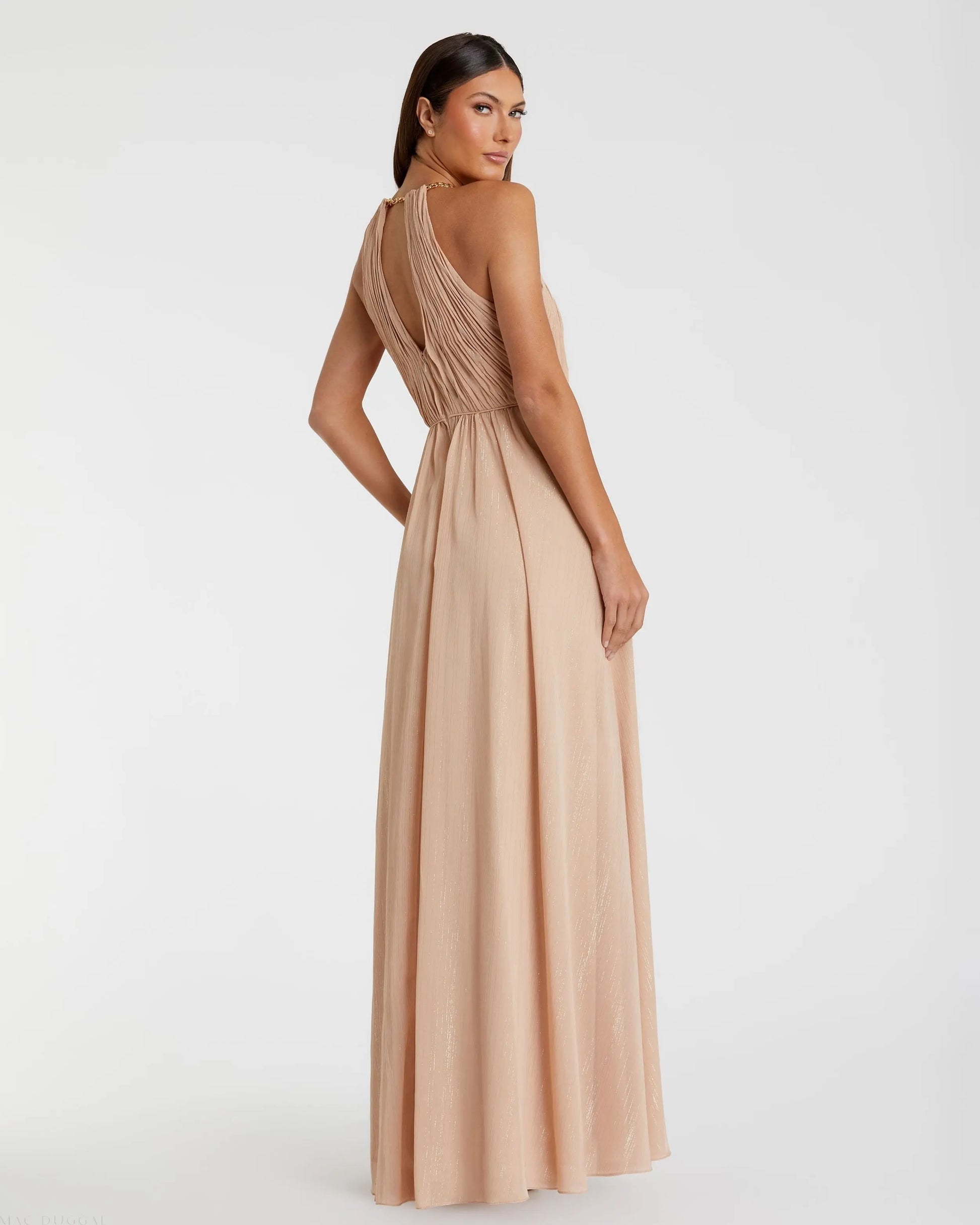 Mac Duggal - Beige Chain Trim Keyhole Halter Neck A Line Gown - Nude / US 16 Mac Duggal - Beige Chain Trim Keyhole Halter Neck A Line Gown - Nude / US 16