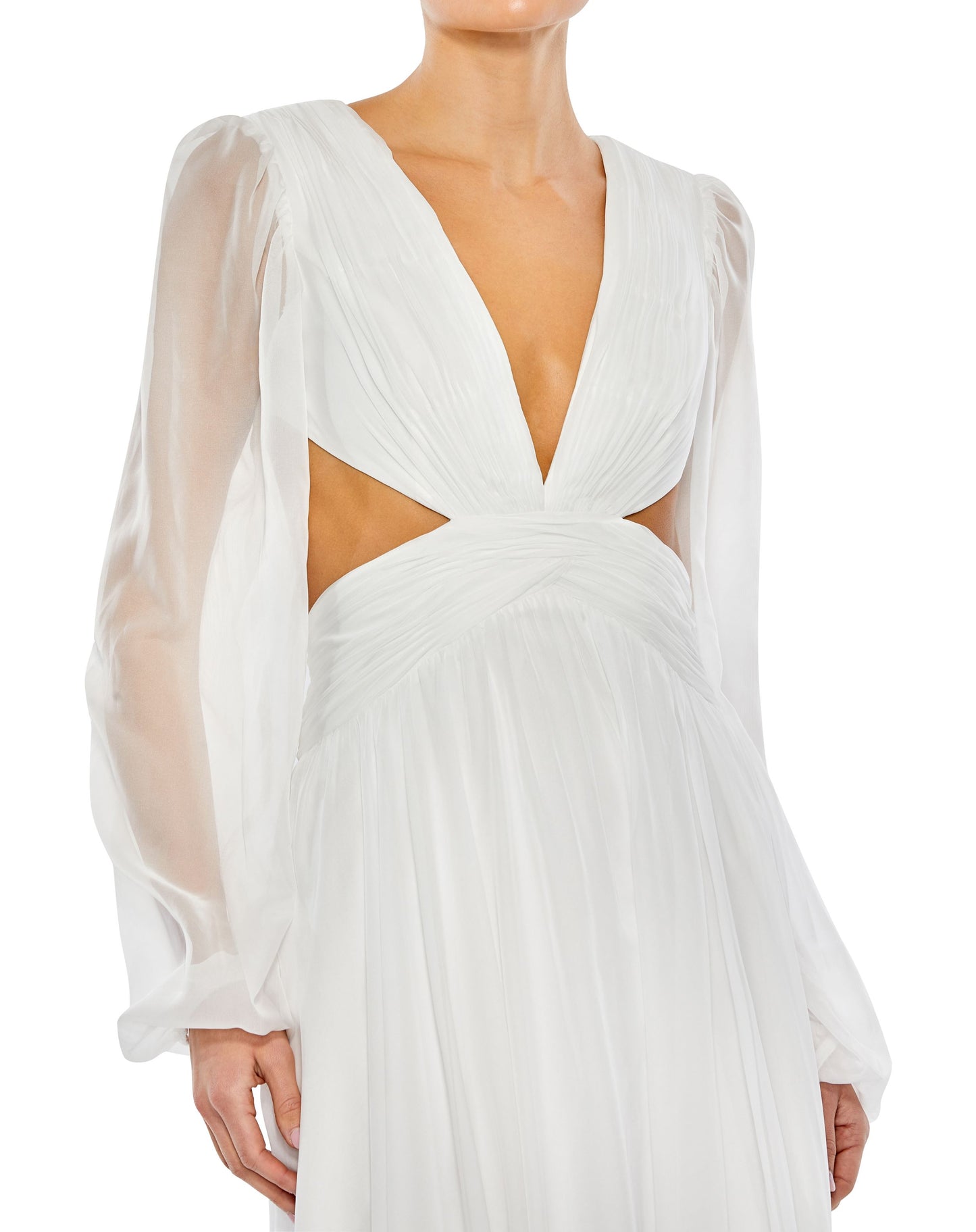 Ruched Cut Out Puff Sleeve A Line Gown | Sample | Sz. 2