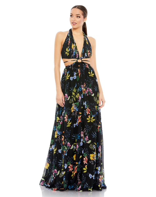 Floral Print Halter Strap Cut Out Gown | Sample | Sz. 2