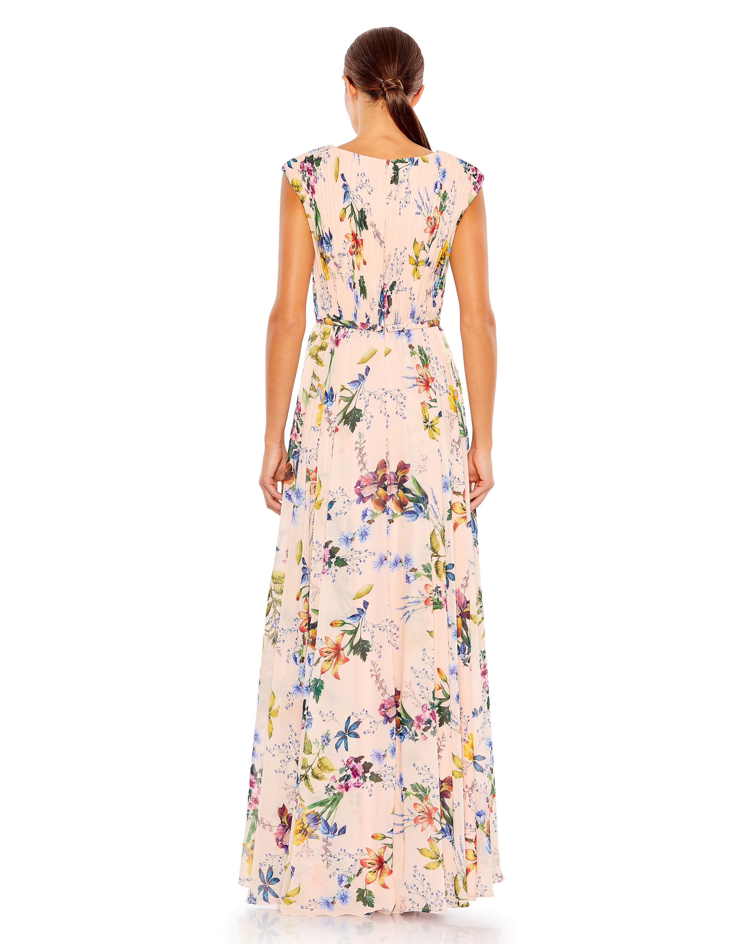 Pleated Floral Cap Sleeve A Line Gown