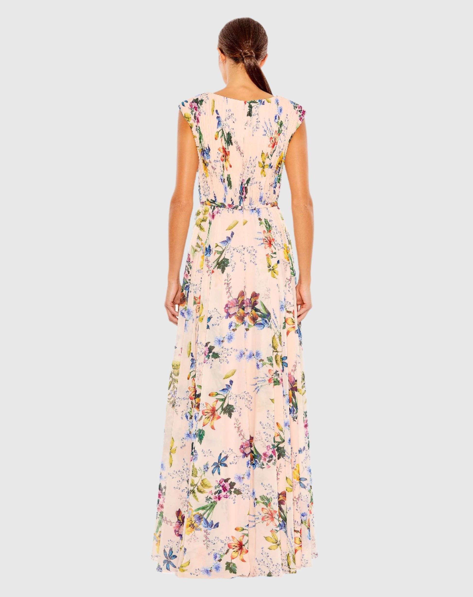 Pleated Floral Cap Sleeve A Line Gown - Mac Duggal Pleated Floral Cap Sleeve A Line Gown - Mac Duggal