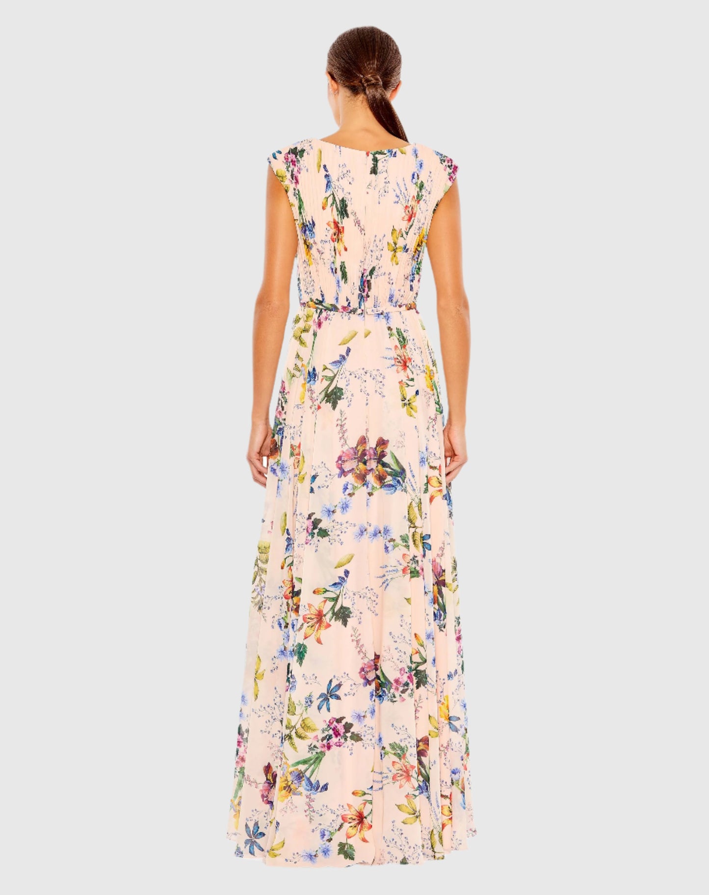 Pleated Floral Cap Sleeve A Line Gown