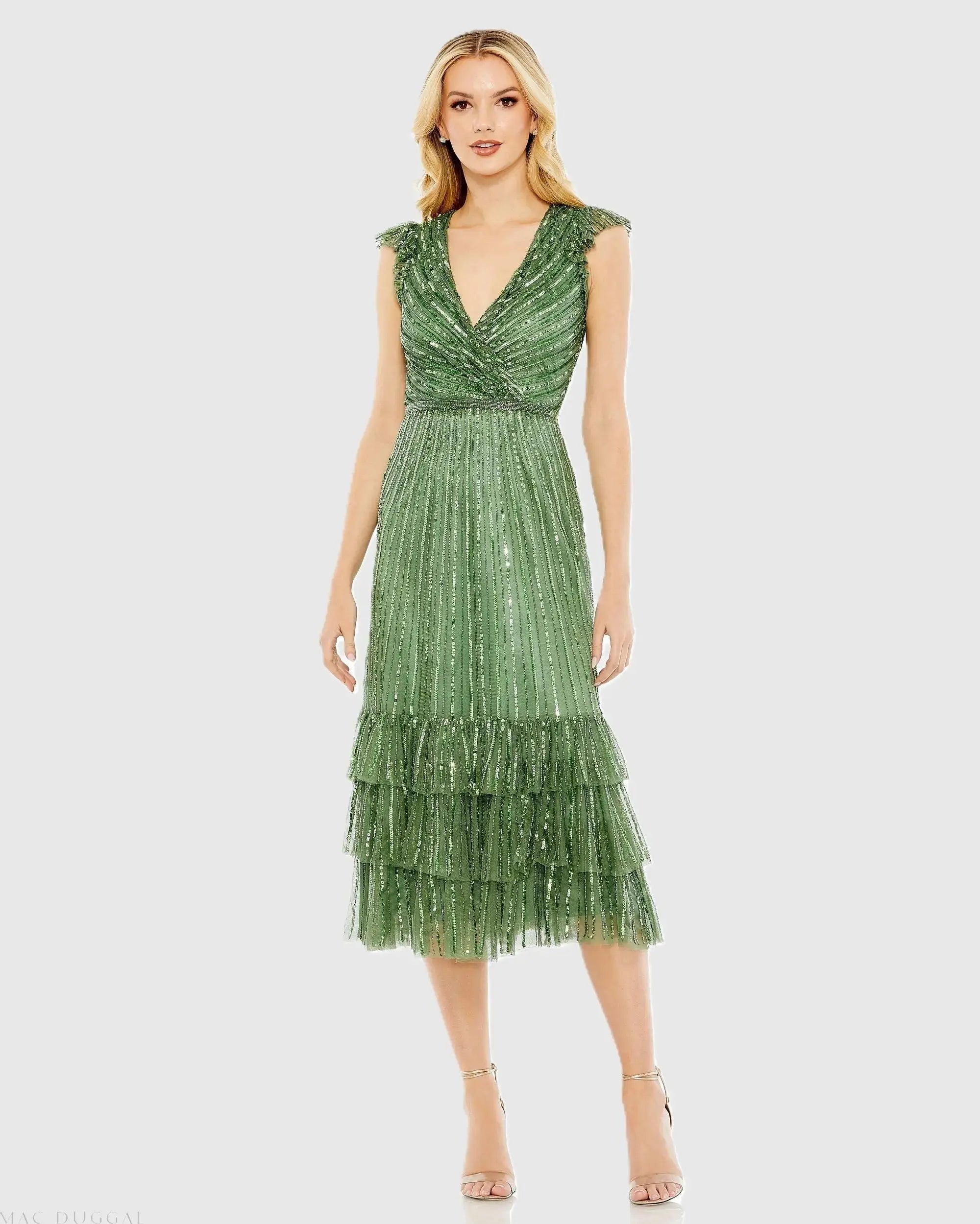 Green Sequined Wrap Over Cap Sleeve Ruffle Hem Dress - Mac Duggal