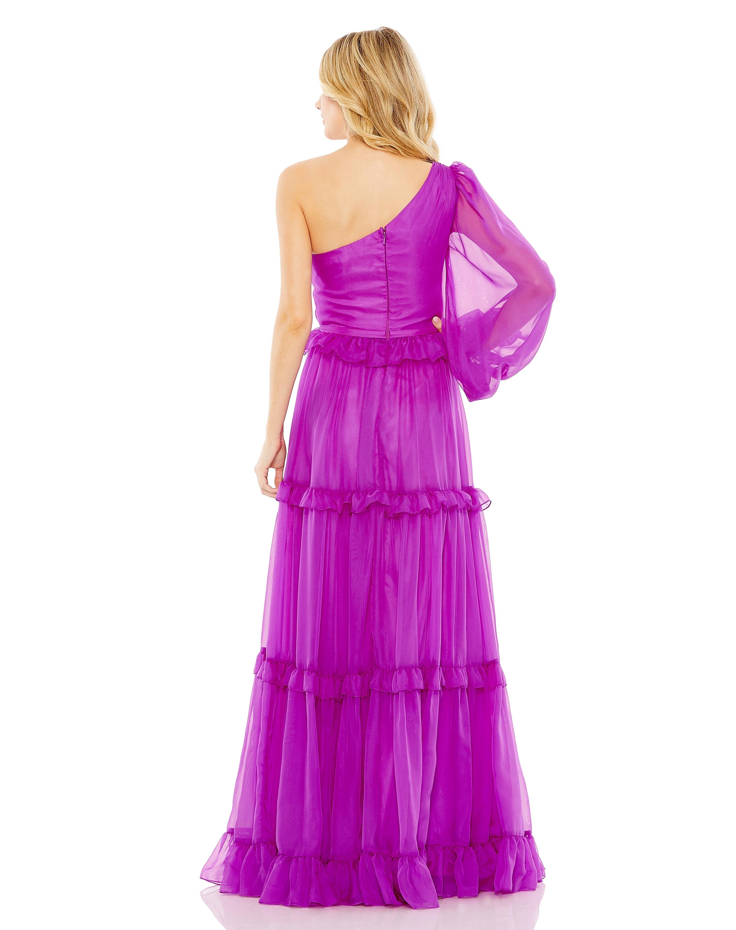 Gathered One Sleeve Ruffle Tiered Gown | Sample | Sz. 2