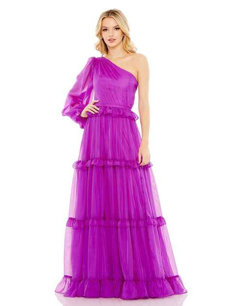 Gathered One Sleeve Ruffle Tiered Gown | Sample | Sz. 2