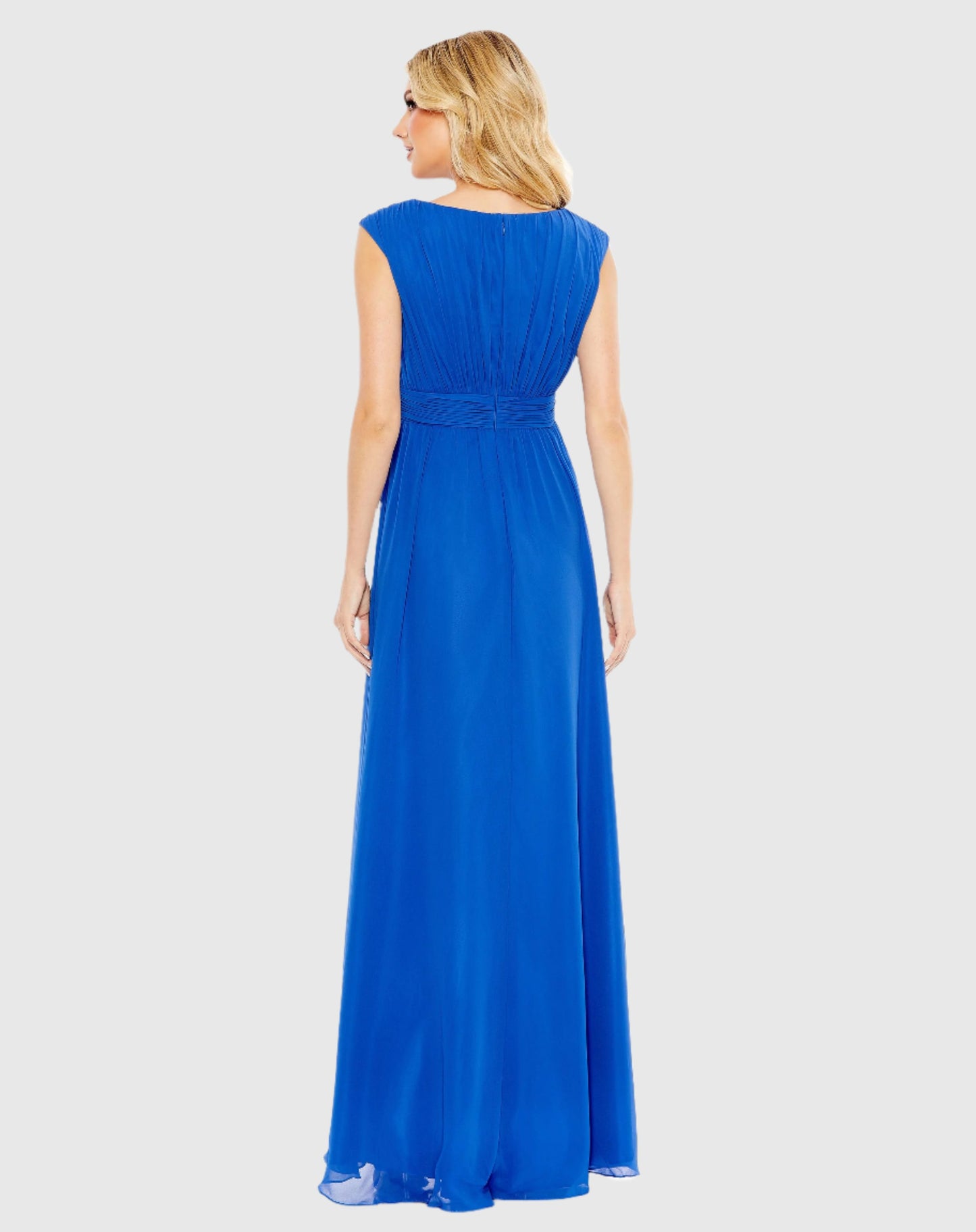 Pleated Bateau Cap Sleeve A Line Gown