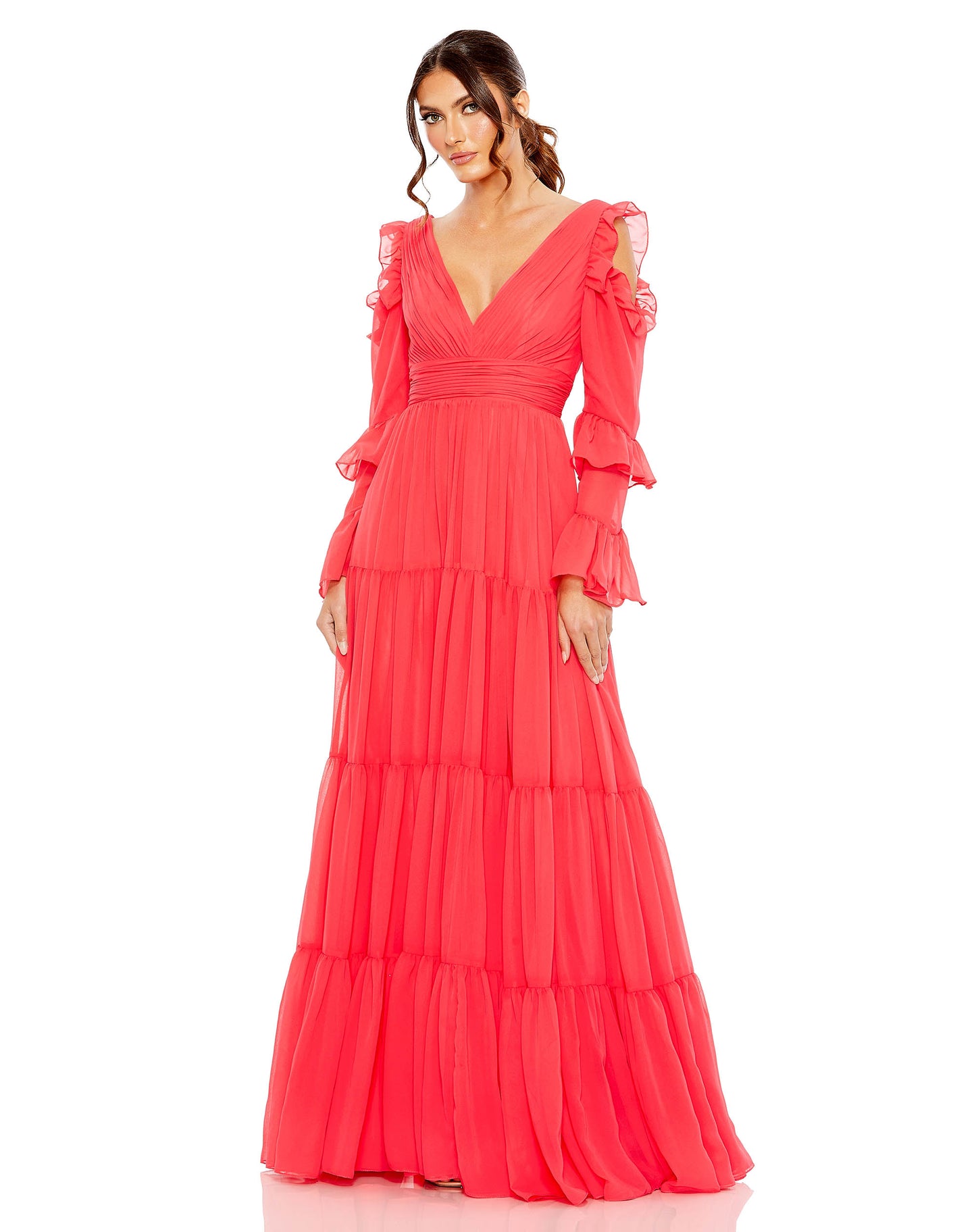 Drop Shoulder Ruffle Sleeve Tiered Gown