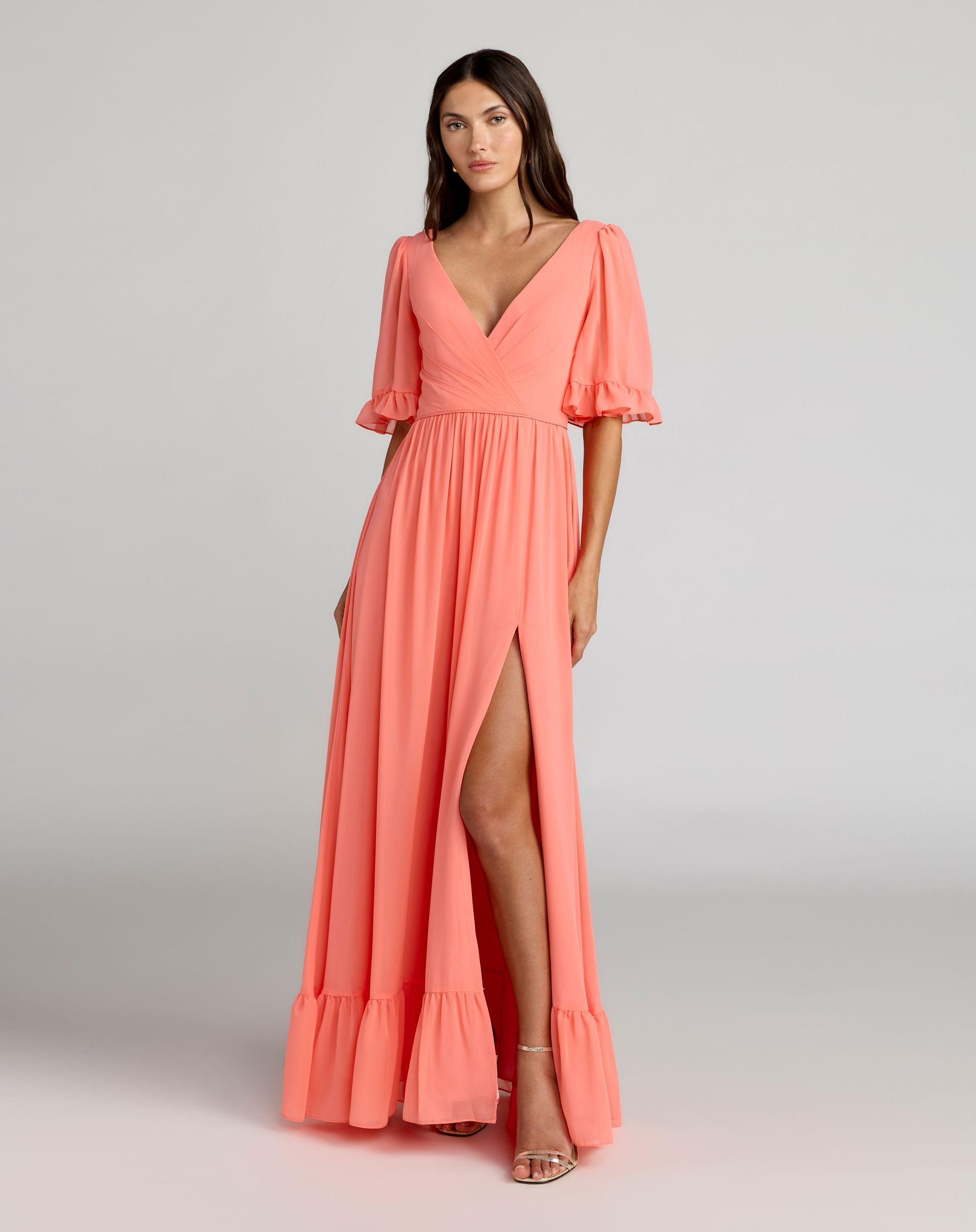Pink Faux Wrap Ruffle Trim A-Line Gown - Ieena for Mac Duggal