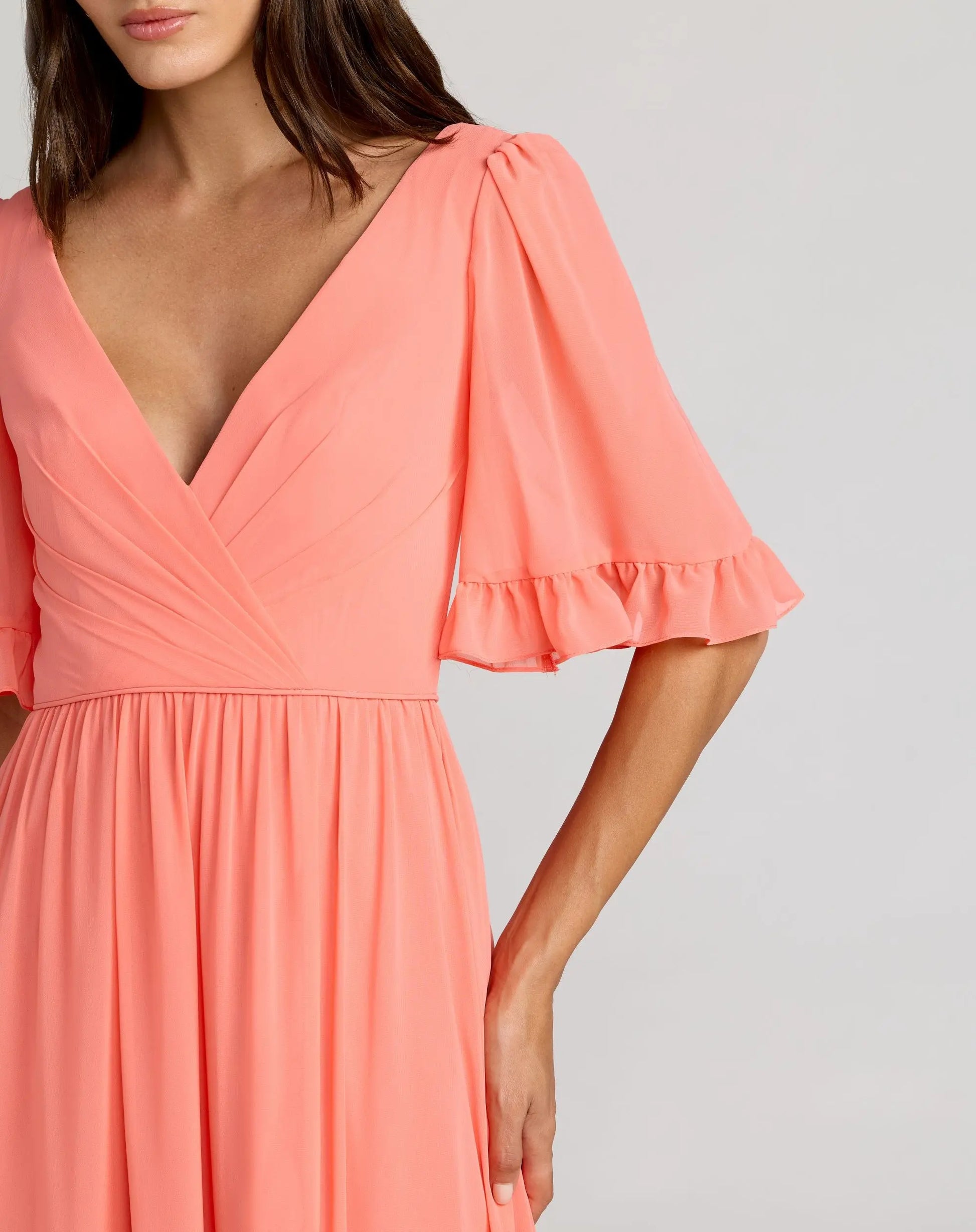 Pink Faux Wrap Ruffle Trim A-Line Gown | Mac Duggal Pink Faux Wrap Ruffle Trim A-Line Gown | Mac Duggal