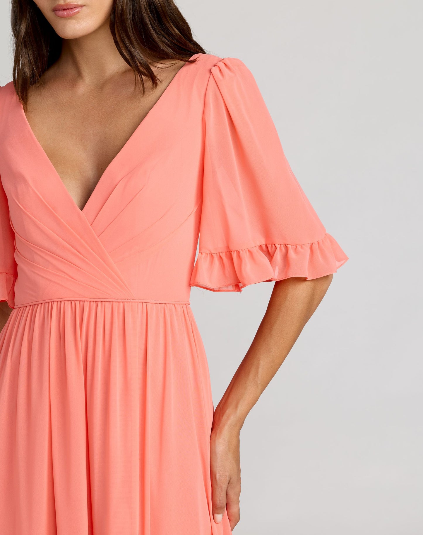 Pink Faux Wrap Ruffle Trim A-Line Gown - Ieena for Mac Duggal