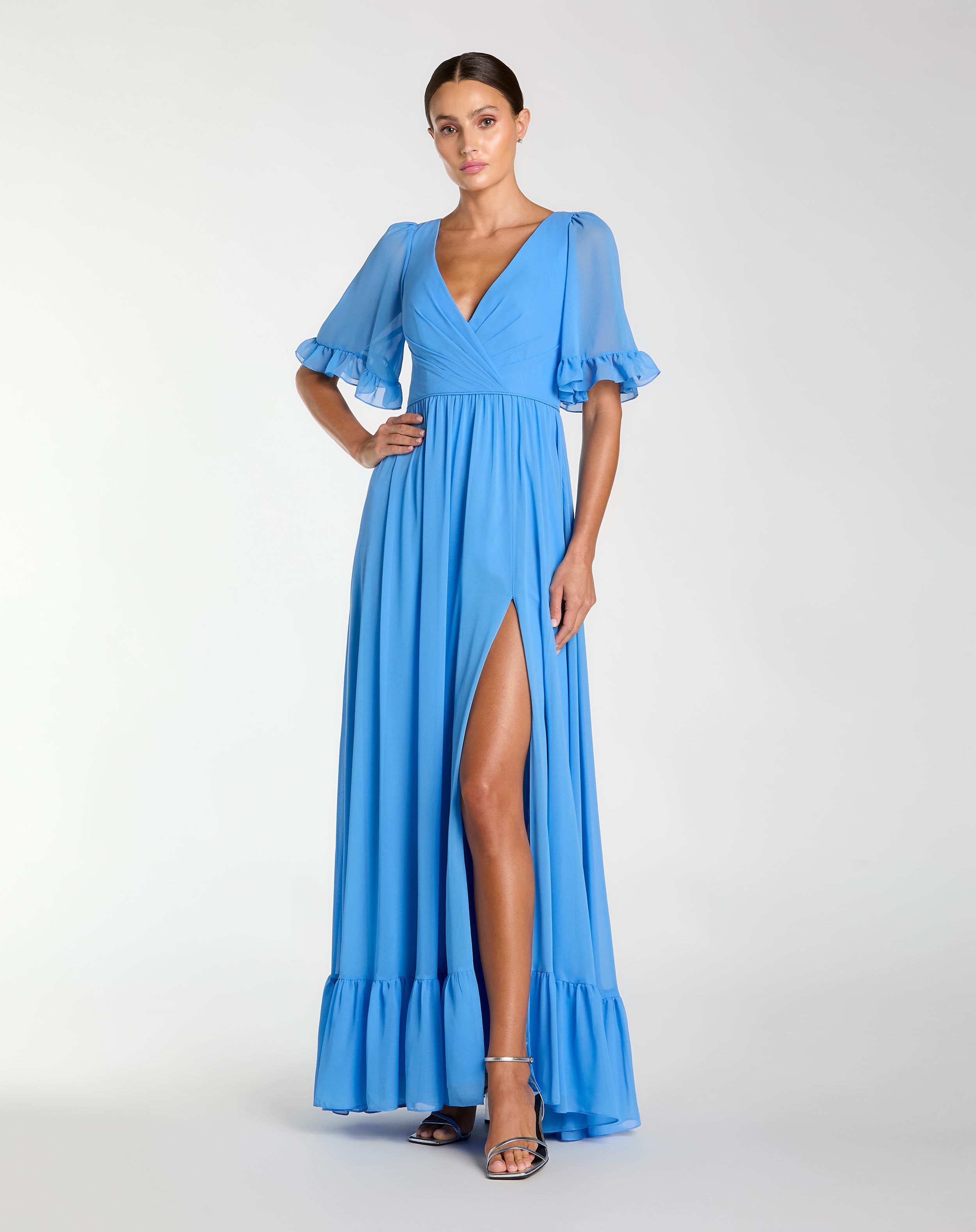 Blue Faux Wrap Ruffle Trim A Line Gown Ieena for Mac Duggal