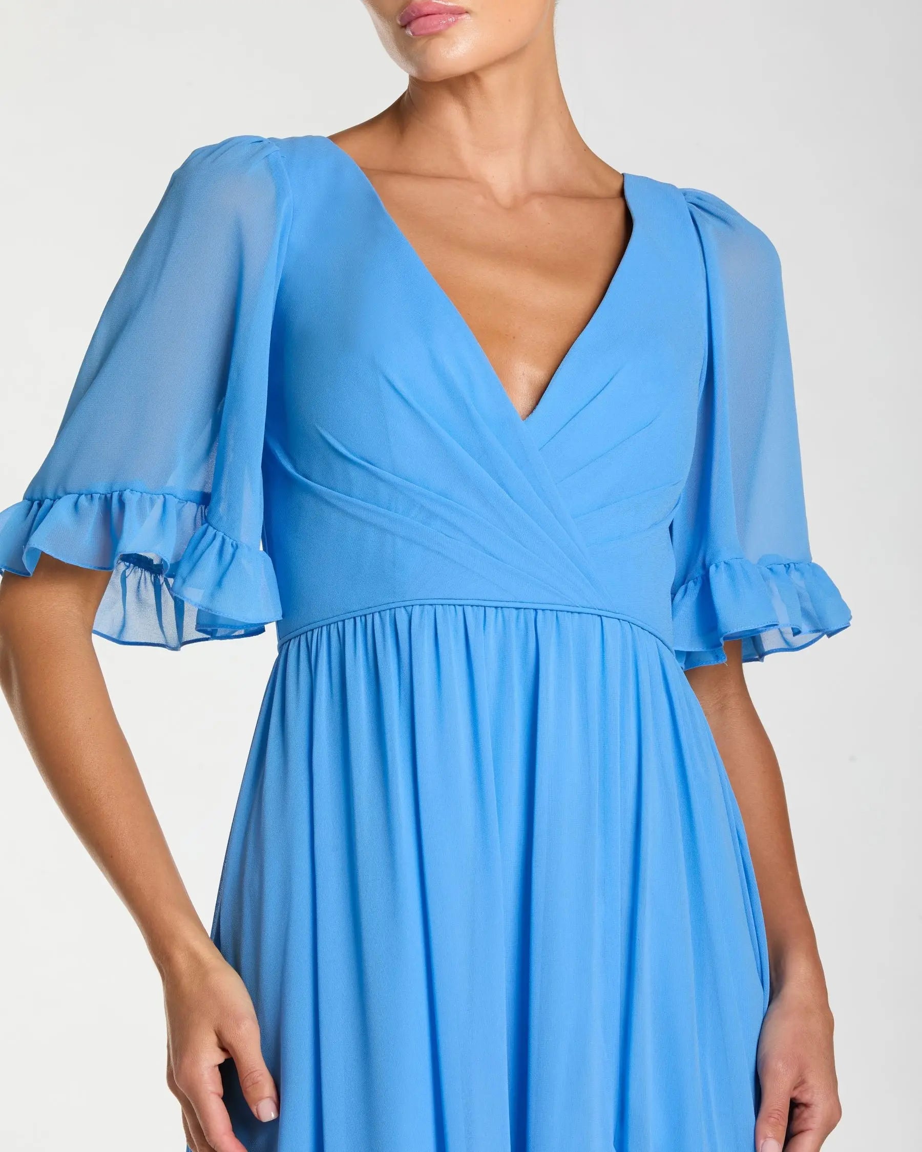 Blue Faux Wrap Ruffle Trim A-Line Gown | Mac Duggal Blue Faux Wrap Ruffle Trim A-Line Gown | Mac Duggal