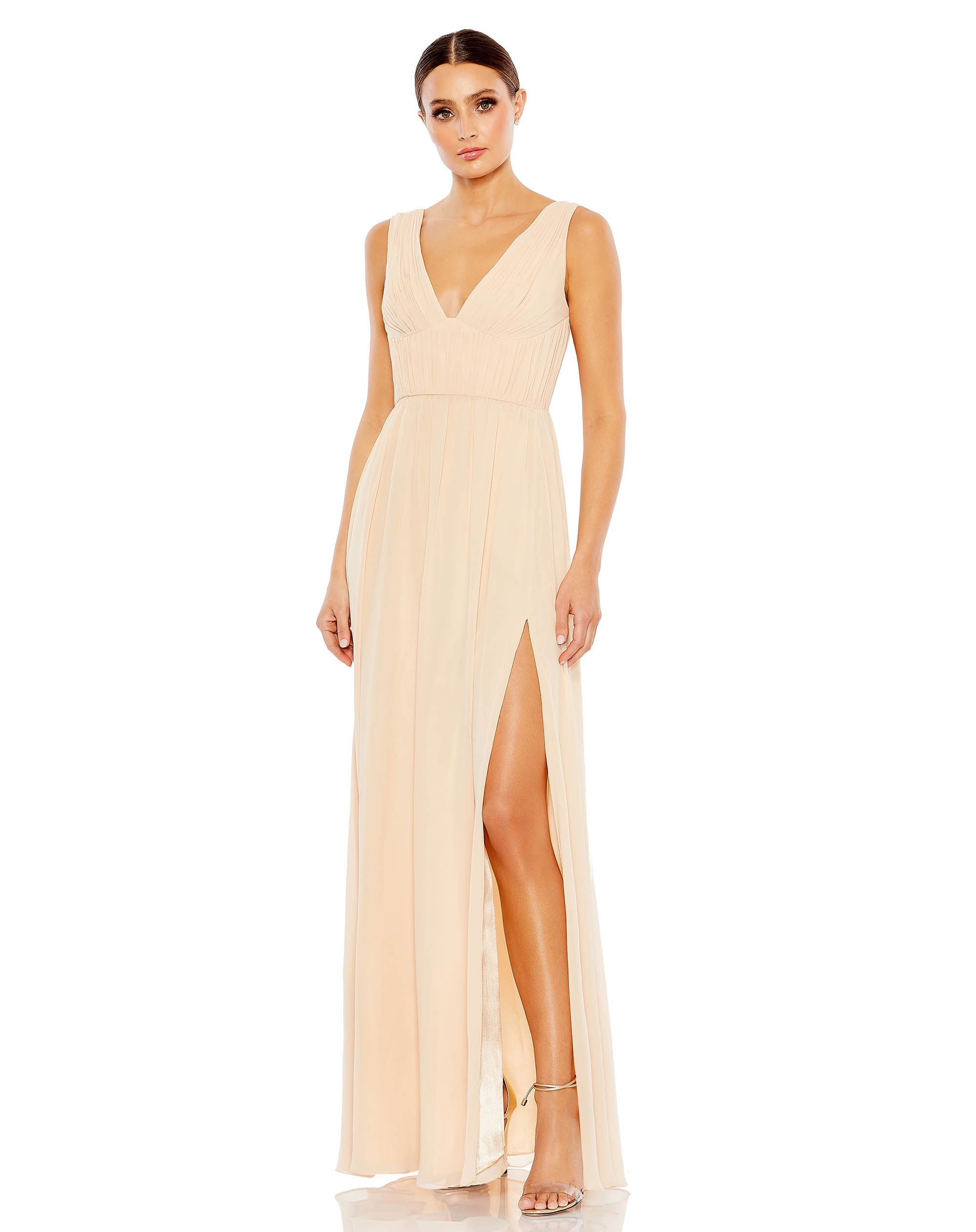 Chiffon Pleated V Neck Bell Sleeve A Line Gown | SAMPLE | SZ. 2