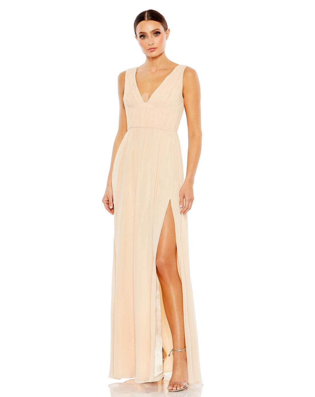 Chiffon Pleated V Neck Bell Sleeve A Line Gown | SAMPLE | SZ. 2