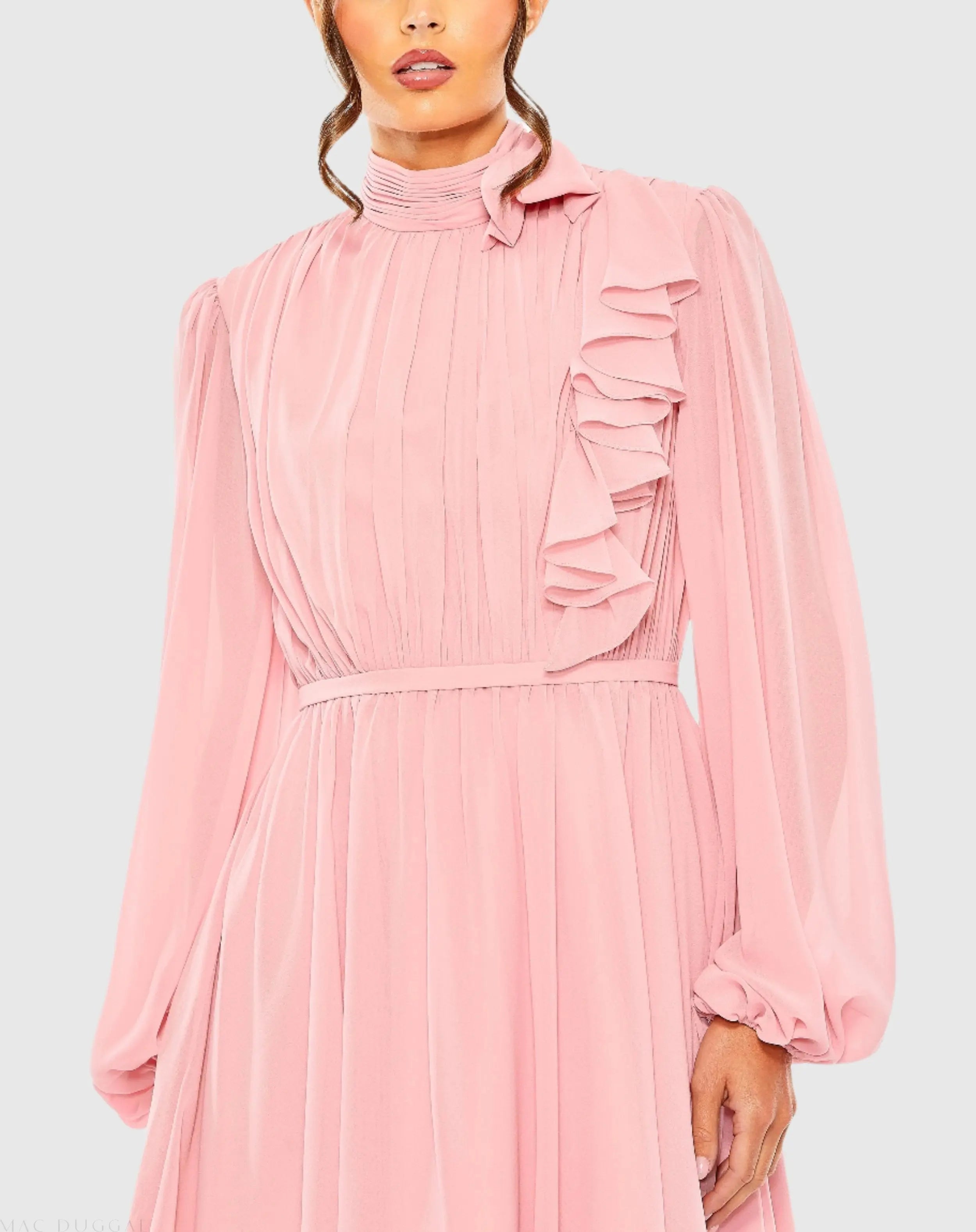 Pink Draped High Neck Long Sleeve Mini Dress - Mac Duggal
