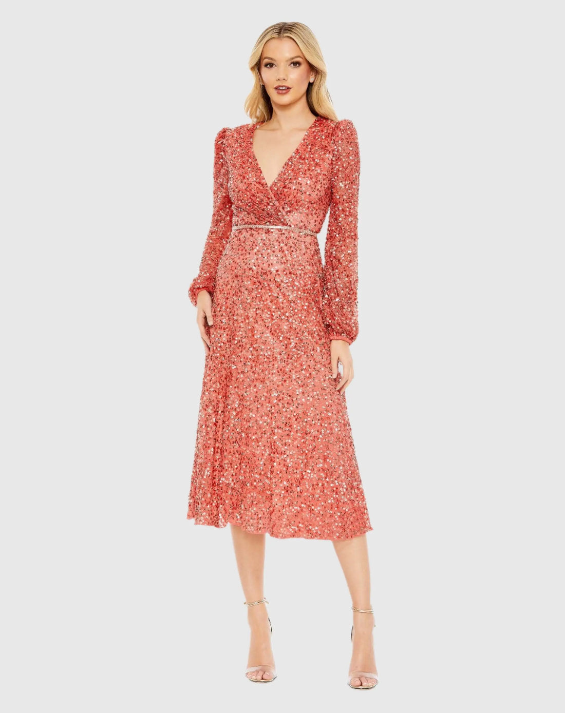 Sequined Puff Sleeve Wrap Over A Line Dress - Mac Duggal Sequined Puff Sleeve Wrap Over A Line Dress - Mac Duggal