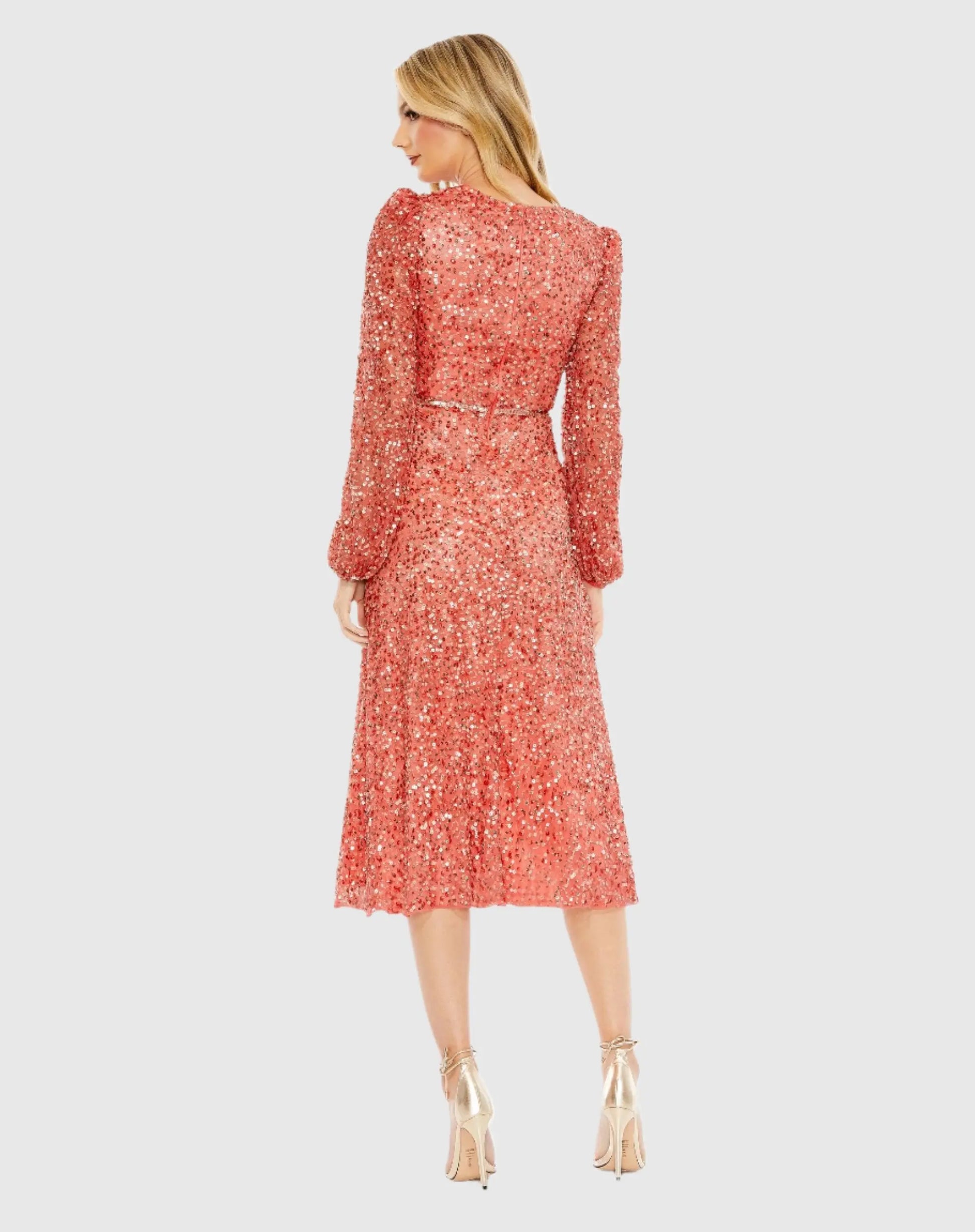 Sequined Puff Sleeve Wrap Over A Line Dress - Mac Duggal Sequined Puff Sleeve Wrap Over A Line Dress - Mac Duggal