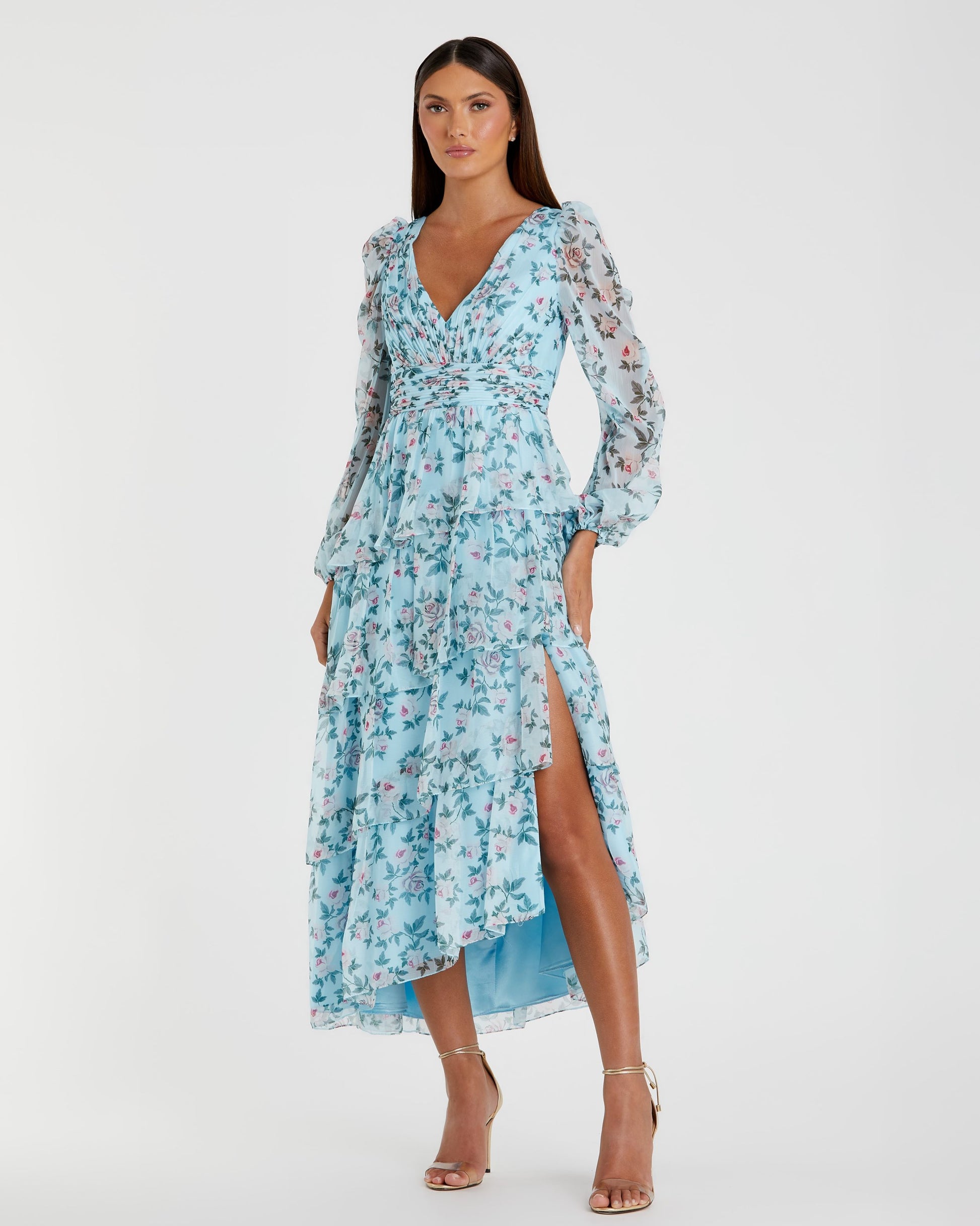 Blue Puff Sleeve Floral Printed Dress - Mac Duggal Blue Puff Sleeve Floral Printed Dress - Mac Duggal