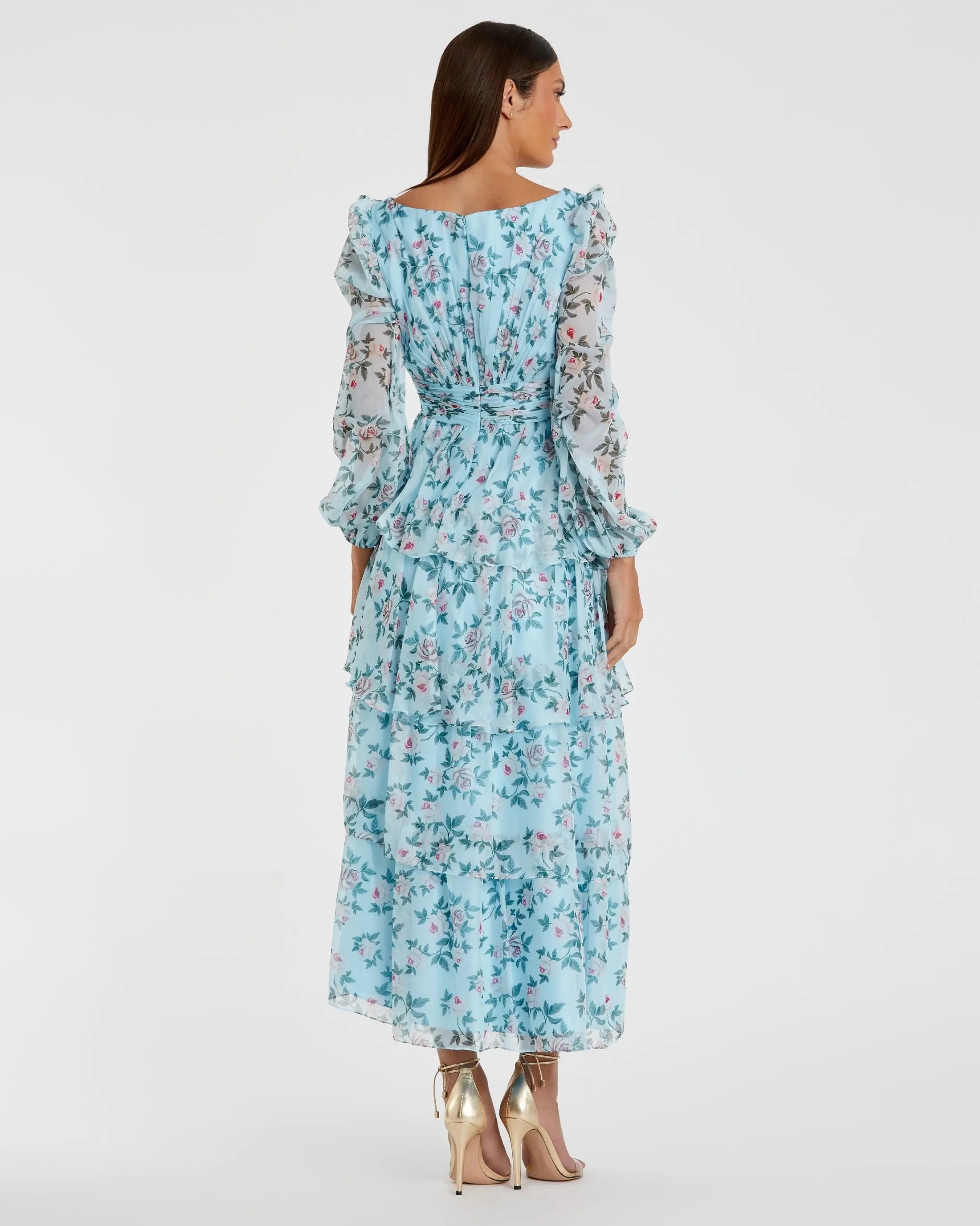 Blue Puff Sleeve Floral Printed Dress - Ieena for Mac Duggal