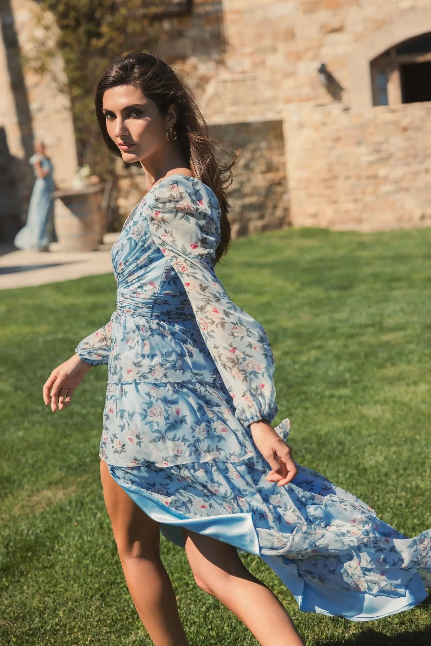 Blue Puff Sleeve Floral Printed Dress - Mac Duggal Blue Puff Sleeve Floral Printed Dress - Mac Duggal