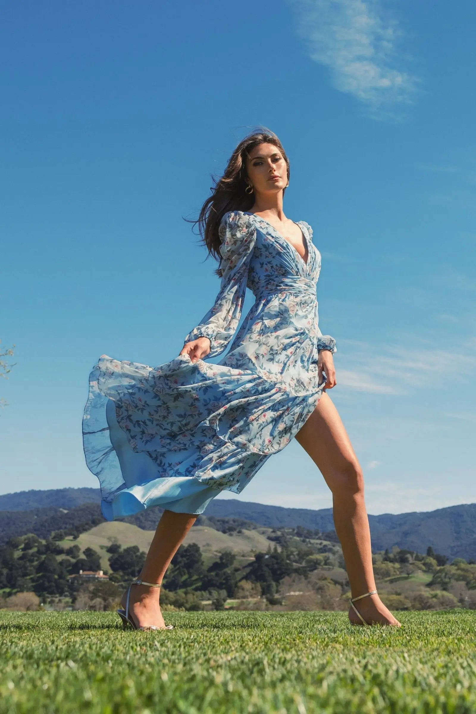 Blue Puff Sleeve Floral Printed Dress - Ieena for Mac Duggal